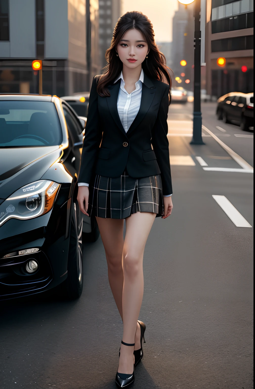 best quality, masterpiece, 1girl, Beautiful face, (photo realistic:1.3), rim lighting, (high detailed skin:1.2), 8k uhd, dslr, high quality, high resolution, 4k, 8k, Bokeh,  absurdres, (realistic:1.3), cute 1girl, wearing black formal blazer, medium breasts, short skirt, full body, heel shoes