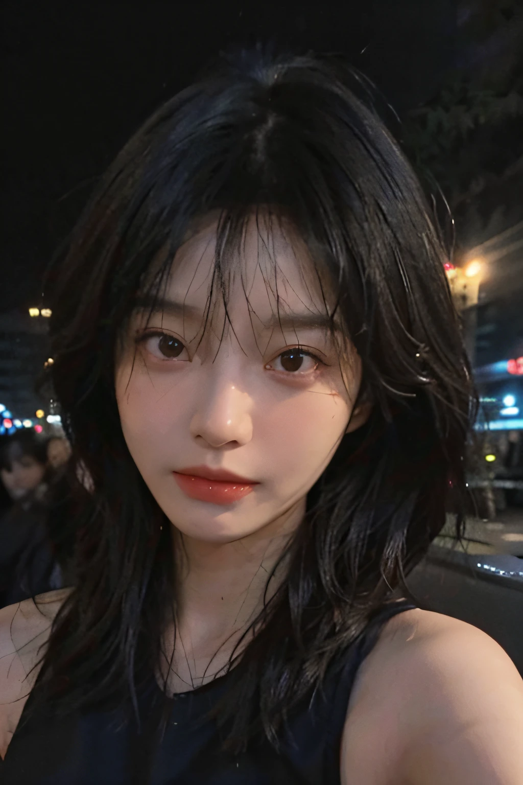 Best quality, masterpiece,..night,.city,..1girl,.(Authentic skin texture:1.3),.close-up,.face focus,.upper body,.selfie,..
