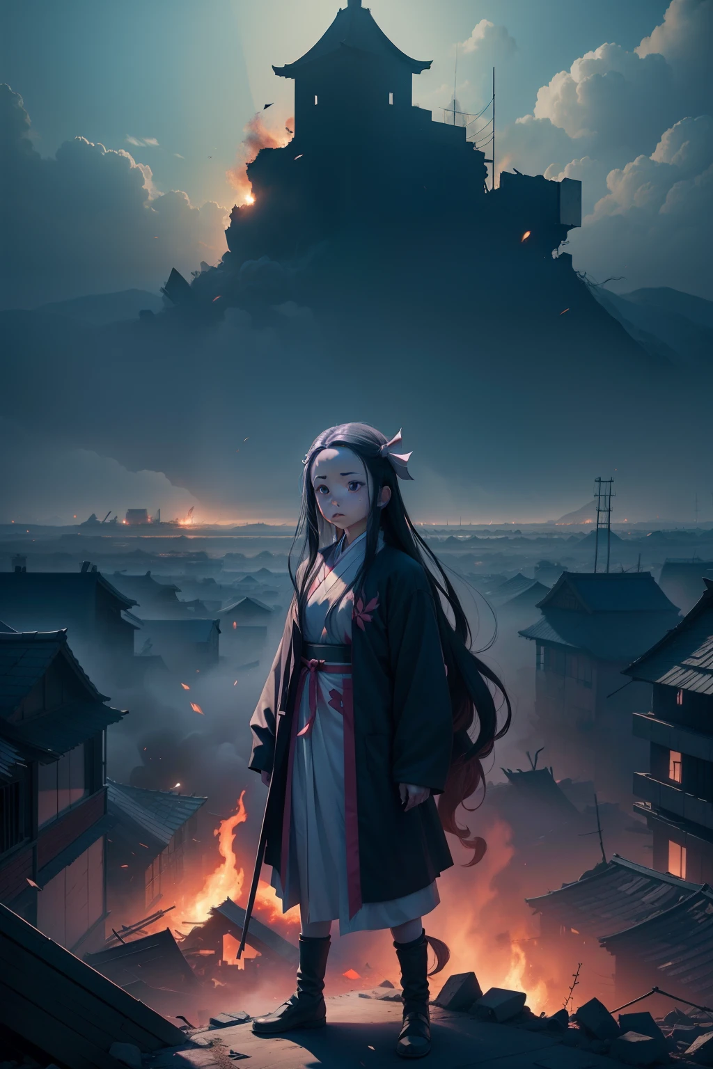 Nezuko from demon slayer anime standing still, background is made of destroyed village, Image is zoomed on nezuko