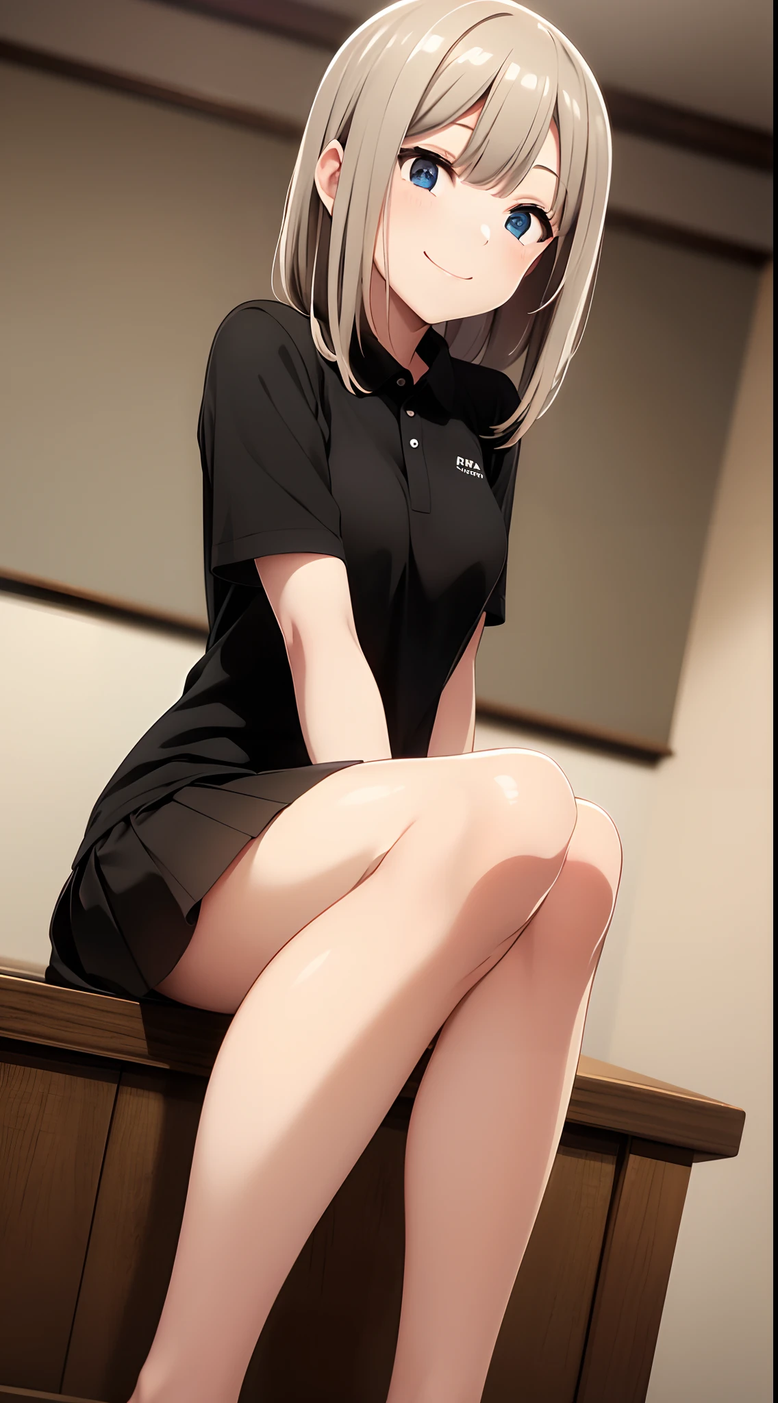 best quality, detailed face, 1girl, middle breast, smile, black polo shirt, gray miniskirt, good anatomy, looking at viewer, soft focus, cinematic lighting, depth of field, happy expression, middle hair, bare legs,