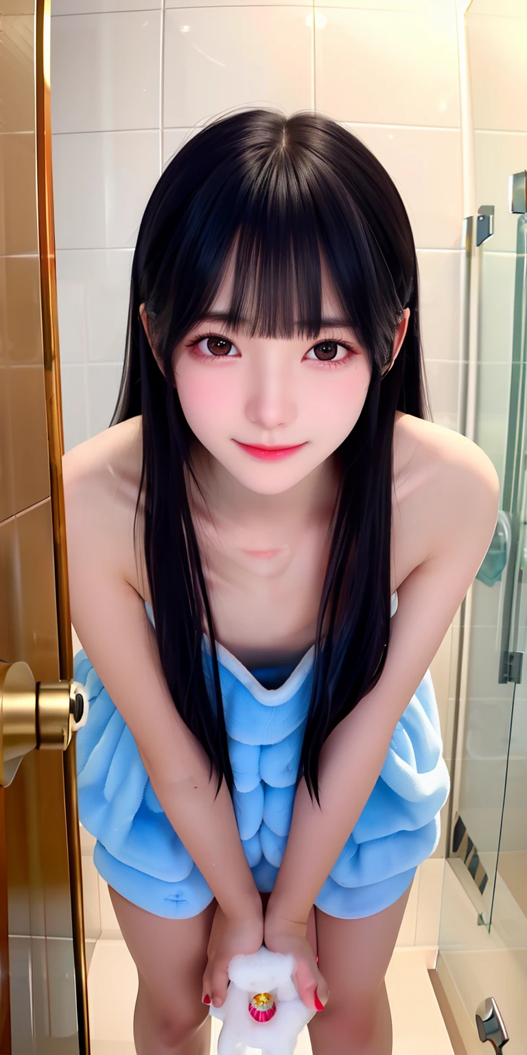 The face of a pure new actress、(A peek into the bathroom of a famous new actress:1.2),、Gentle smile、(top-quality)), (broad shoulders, small head:1.3)、Naked is projected.、(ＤCup udder:1.3)、Healthy figure:1.1、Pure white skin、()、Perfect beautiful face、fullnude、(Spread your legs wide and thrust your crotch forward)、(fullnude)、Height 175cm,(Natural long hair with clear bangs)、Have her wash、Looking down at her from directly above at close range、Women's bath at training camp