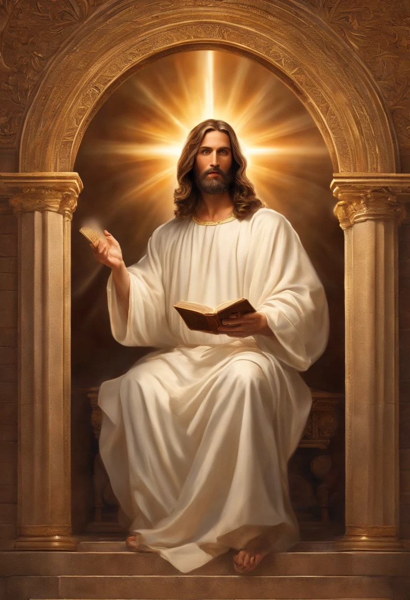 (best quality,highres,masterpiece:1.2),ultra-detailed,realistic,photorealistic:1.37,Jesus as a fair judge pointing his finger at an open book,fair judgement.Jesus wearing a white robe with a golden sash,holy and majestic,long,flowing hair and a full,graceful beard,kind and compassionate eyes,piercing gaze,exuding wisdom and authority. The open book symbolizing his divine role as the judge on the Day of Judgment,hovering in mid-air,illuminated by a divine light. The book showcasing intricate calligraphy,ancient scriptures,and divine knowledge. Surrounding Jesus is a serene and heavenly atmosphere,with soft golden rays of light streaming down from above and casting a warm glow upon the scene. The background is filled with ethereal clouds and a glimpse of paradise,depicting the heavenly realm where the judgment takes place. Jesus stands with a calm and composed demeanor,embodying justice and fairness,ready to pronounce his judgment on humanity with righteousness and love.