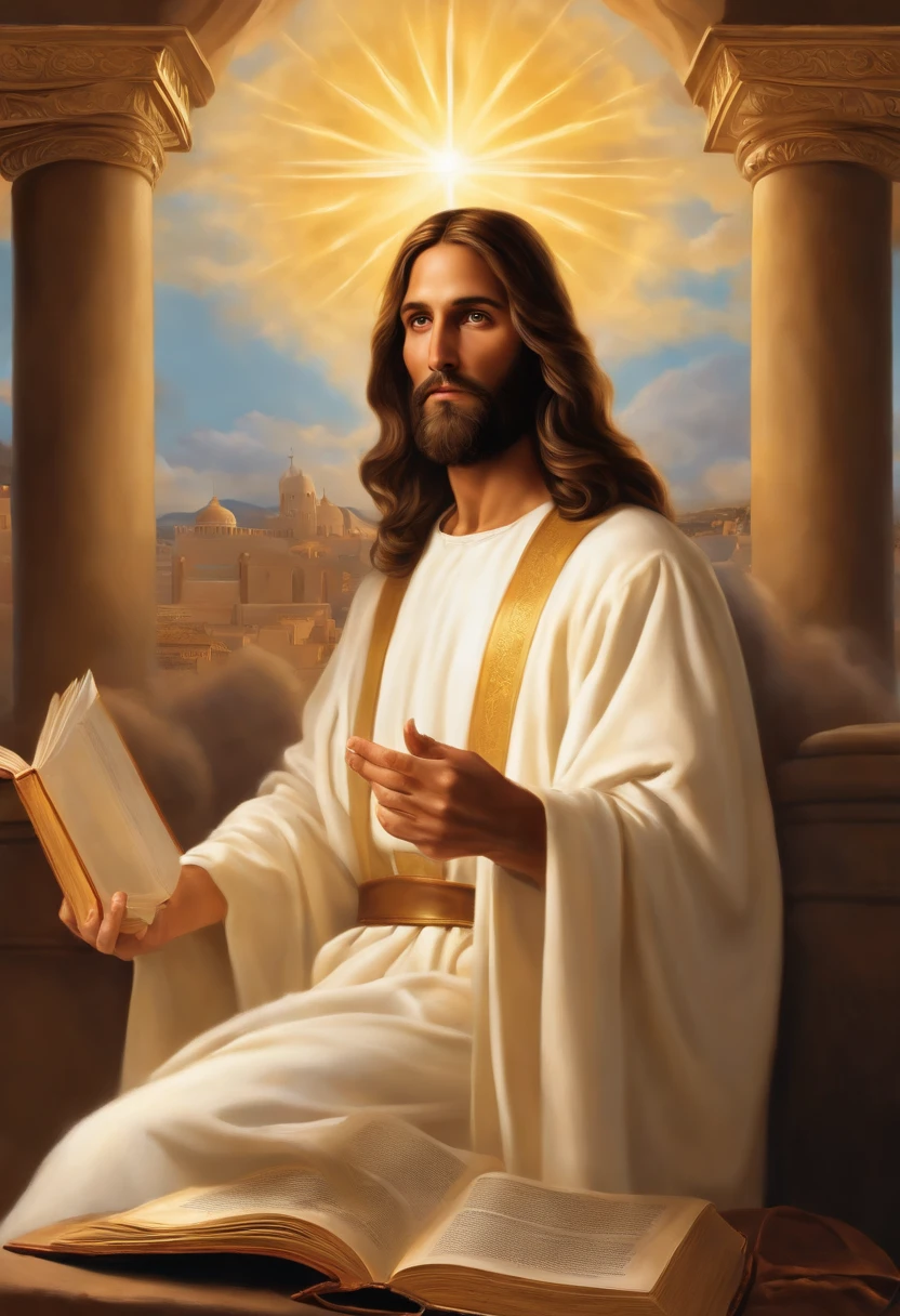 (best quality,highres,masterpiece:1.2),ultra-detailed,realistic,photorealistic:1.37,Jesus as a fair judge pointing his finger at an open book,fair judgement.Jesus wearing a white robe with a golden sash,holy and majestic,long,flowing hair and a full,graceful beard,kind and compassionate eyes,piercing gaze,exuding wisdom and authority. The open book symbolizing his divine role as the judge on the Day of Judgment,hovering in mid-air,illuminated by a divine light. The book showcasing intricate calligraphy,ancient scriptures,and divine knowledge. Surrounding Jesus is a serene and heavenly atmosphere,with soft golden rays of light streaming down from above and casting a warm glow upon the scene. The background is filled with ethereal clouds and a glimpse of paradise,depicting the heavenly realm where the judgment takes place. Jesus stands with a calm and composed demeanor,embodying justice and fairness,ready to pronounce his judgment on humanity with righteousness and love.