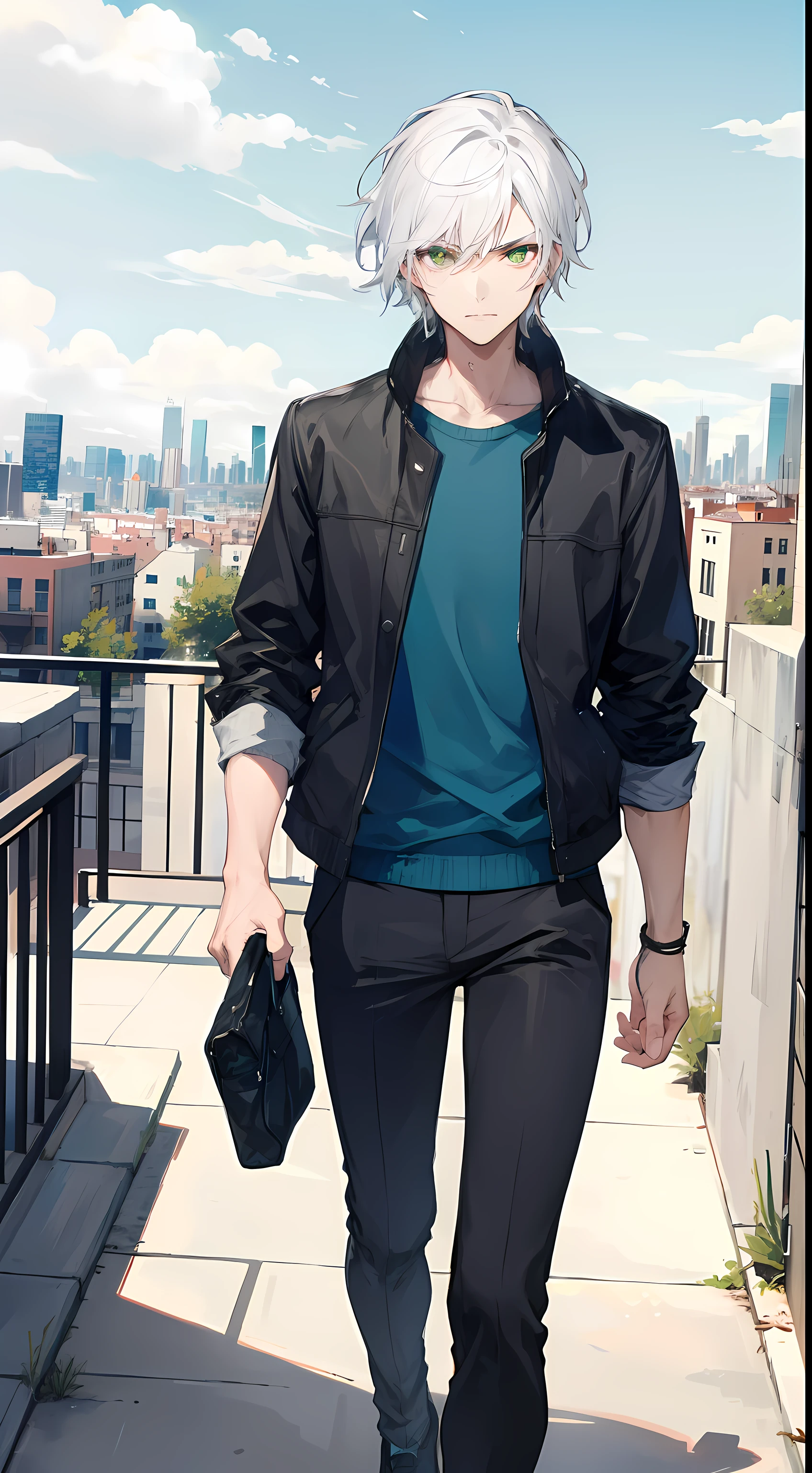 A man, white hair and green eyes, sharp short hair, city, badass, mascular