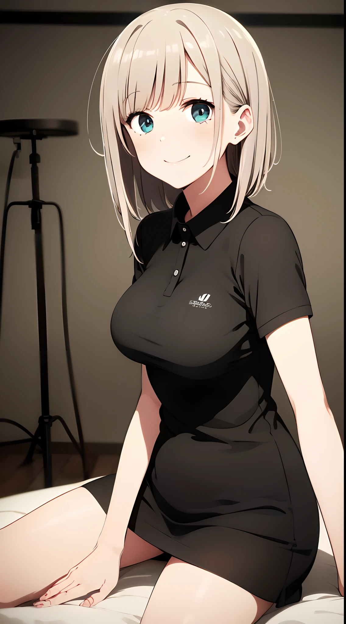 best quality, detailed face, 1girl, middle breast, smile, black polo shirt, white panty, good anatomy, looking at viewer, soft focus, cinematic lighting, depth of field, happy expression, middle hair, bare legs,
