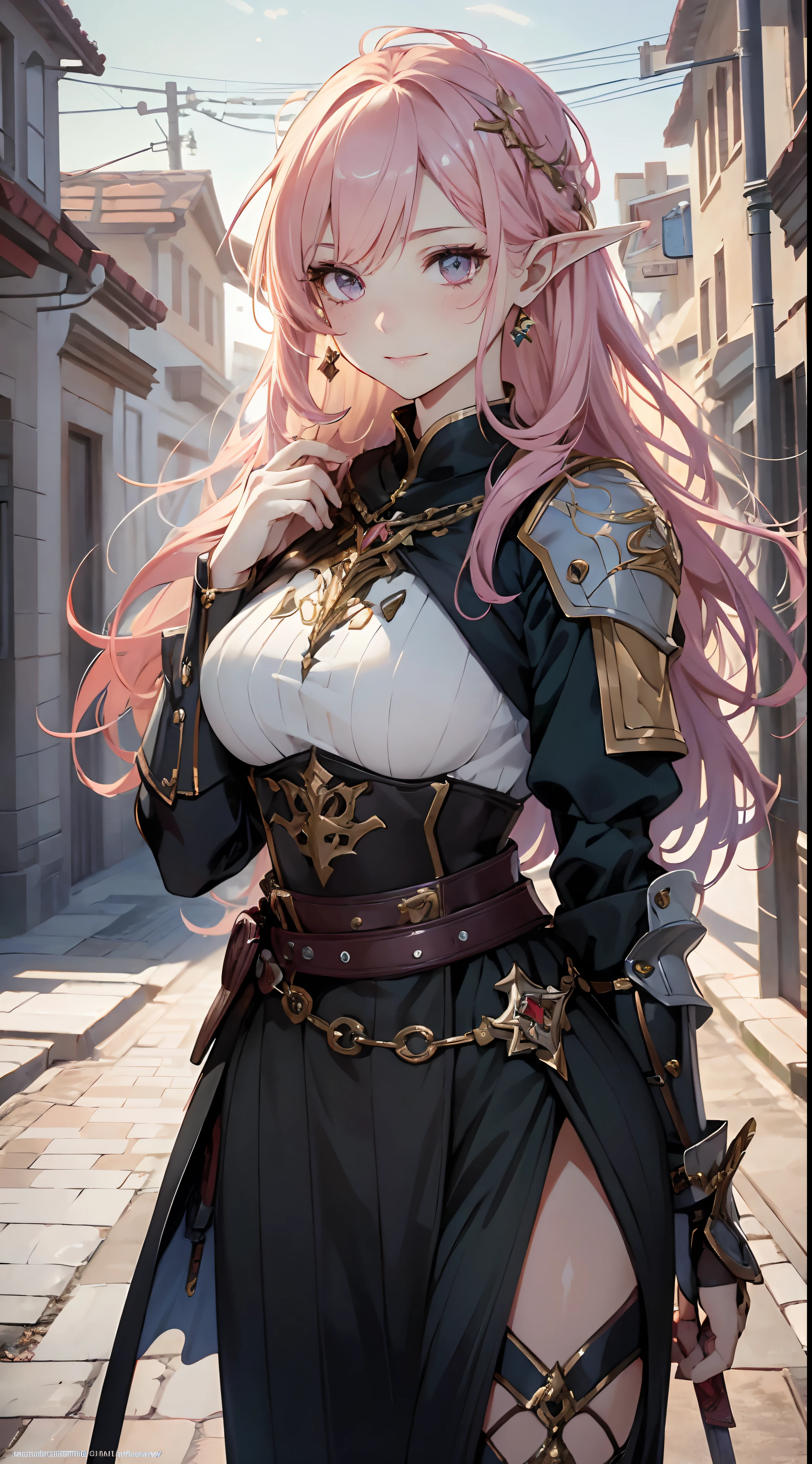 1 girl anime in a dress, pink hair, cushart krenz key art feminine, portrait knights of zodiac girl, extremely detailed eyes and face, Realistic, extremely detailed CG unified 8k wallpaper, ighly detailed, High-definition raw color photos, professional photograpy, Realistic portrait, Cinematic Light, Beautiful detailed, alluring elf princess knight, astri lohne, smile, Full body, High quality, (((Bokeh))), depth of field