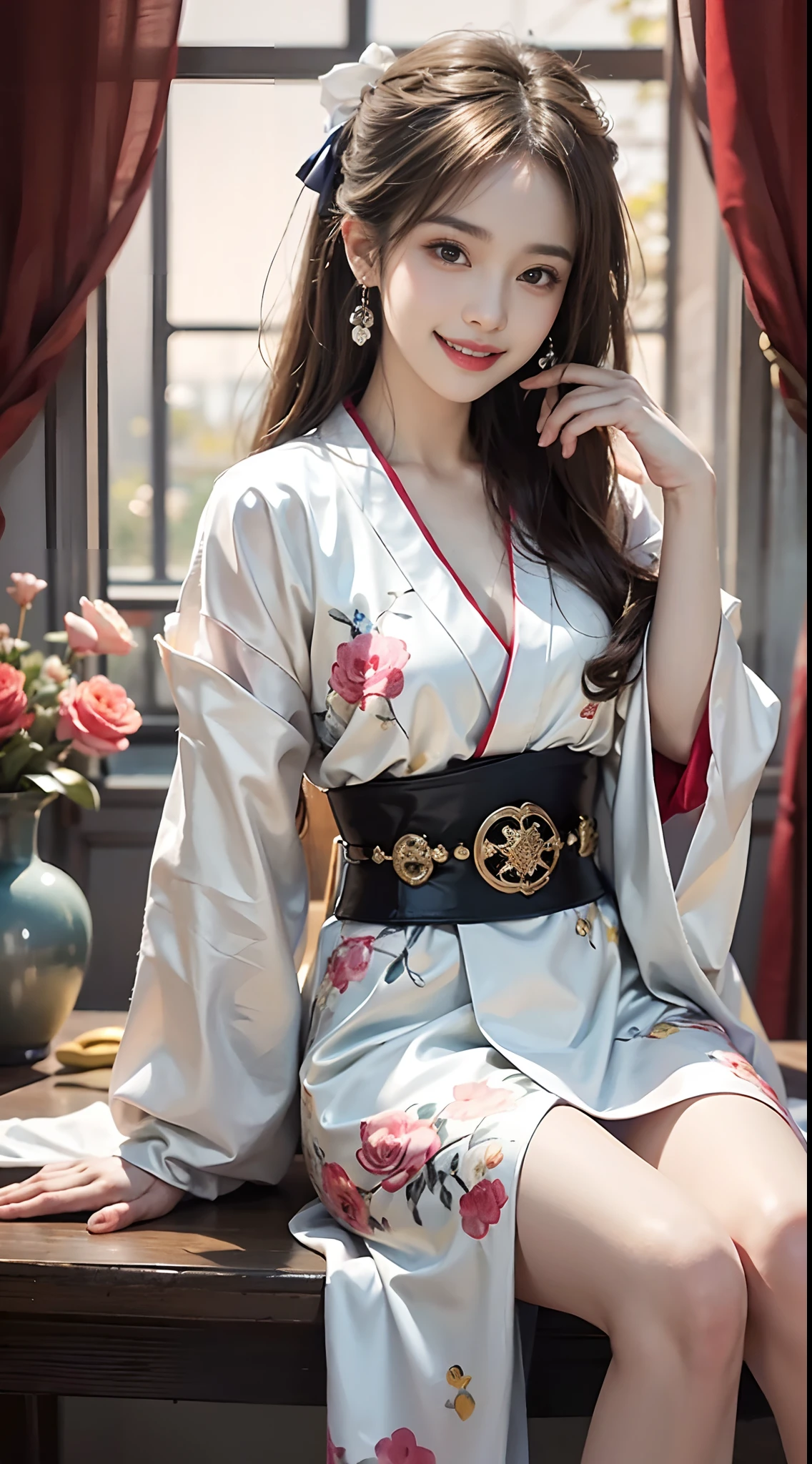 ((full body)), ((from side)), ((realistic)), 1 Asian female model, A young girl, (Being in the room, Sit Pose, Cross ed leg, Leaning against the dresser), Pleasing posture, Eye-catching poses, Nice long legs, Detailed scenes, Coiled hair, Hairpins, Beautiful hair accessories, Brownish-yellow hair, light make-up, Blushlush, Gloss on lips, ((White floral Hanfu, hanfu, high-waist, Nice belt, high-heels)), ((warm lights, a warm color palette)), (Extremely high color saturation), Detailed details, ultra-detailliert, (tmasterpiece, best qualtiy), (An extremely delicate and beautiful work), Delicate earrings, Delicate necklace, Simple blurred background, Extreme detail description, Ultra-fine painting, Delicate face, slim toned body, Slimming the waist, (grin, happy grin, Baring teeth), (anatomy correct)