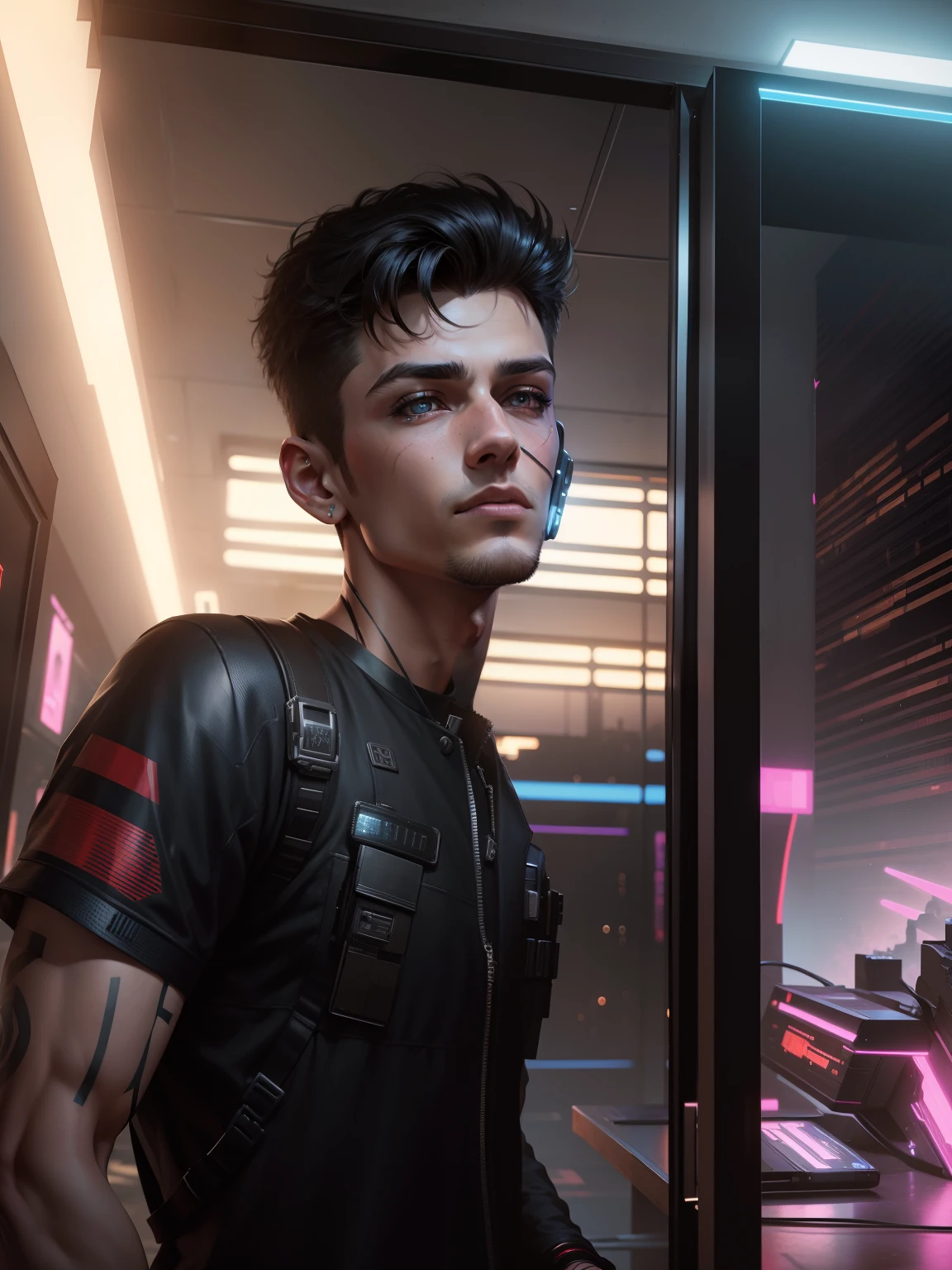 Change background cyberpunk handsome boy, realistic same face, 8k, ultra realistic.