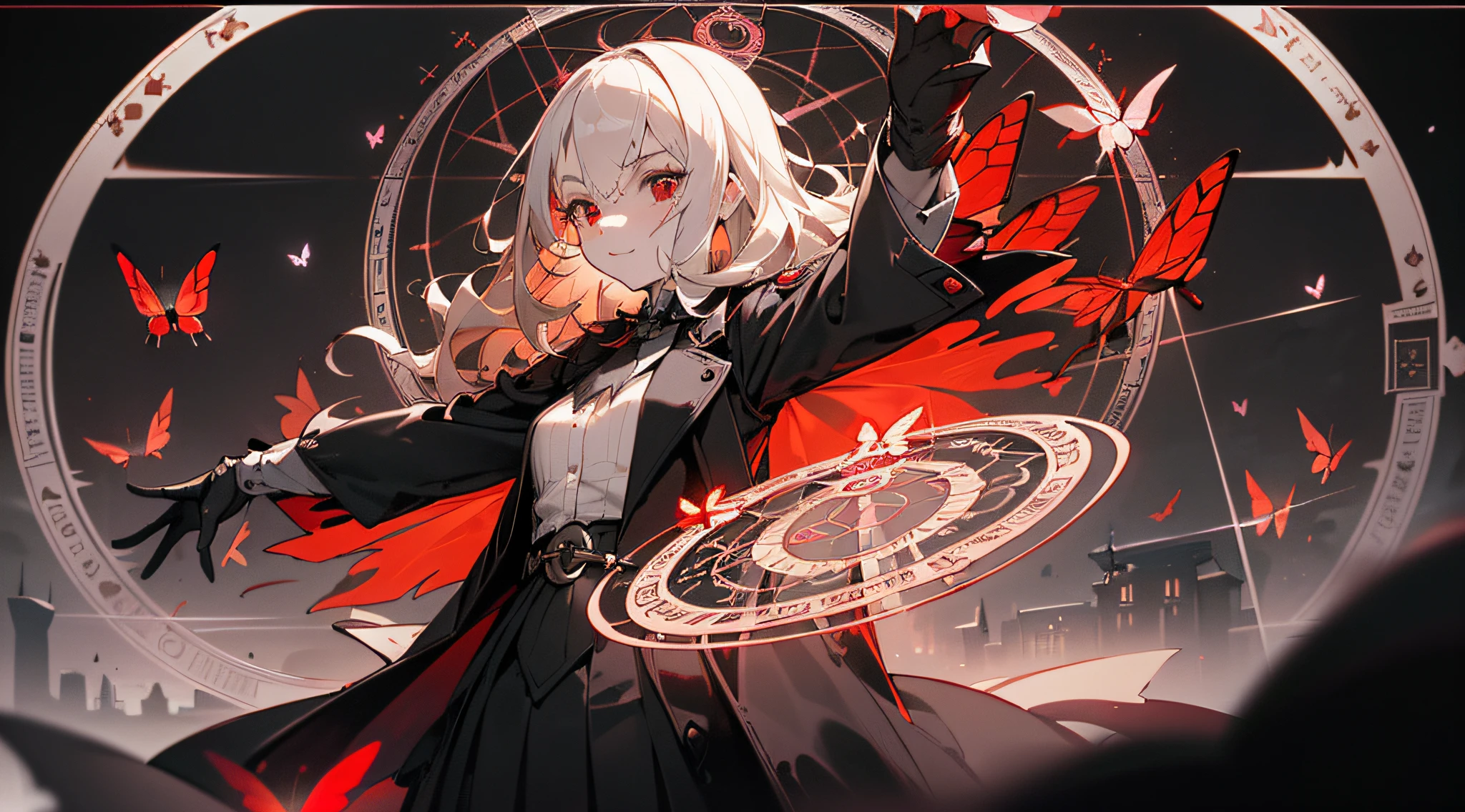 masterpiece, (best quality:1.1), (1girl), solo, cowboy shot, (finely detailed eyes and detailed face:1.3), (illustration:1.1), field of depth, (extremely fine and beautiful:1.1), (black trench coat + beautiful detailed black vest + white shirt:1.1 + black tie + black skirt + black flower on head + black gloves), (white_hair + medium_hair + wavy_hair), (red eyes:1.1),small_medium breasts, eyelashes, , pale skin, evil smile, beautiful detailed fallen small city + detailed ruin, many object, beautiful and clear background:1.2, renegade, evil, ((Red butterflies flying|around the character:1.3 + red light particles:1.15), ((perfect magic circle:1.3)), many object