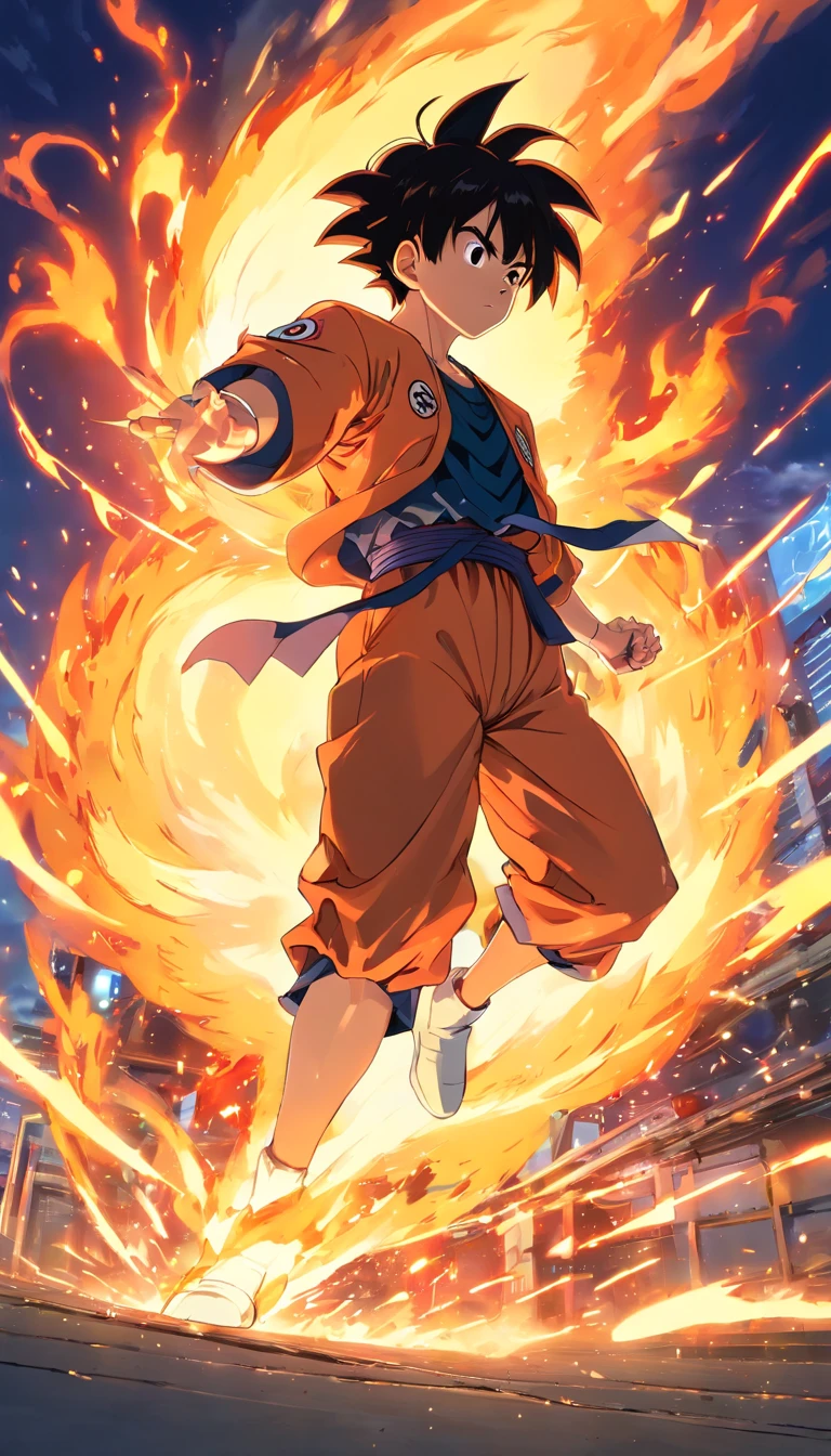 One guy,Dragon Ball painting style,Akira Toriyama painting style,fire force+vapour+Mist Goku, The top is broken, Saiyans full of blazing flames and pyrotechnic skills,actionpose,full bodyesbian,(火焰:0.7),Proficient special effects processing,High detail