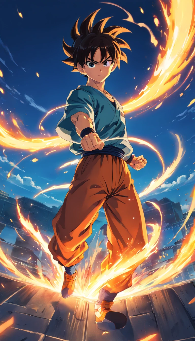 One guy，Dragon Ball painting style，Akira Toriyama painting style，fire force+vapour+Mist Goku, The top is broken, Saiyans full of blazing flames and pyrotechnic skills，actionpose，full bodyesbian，（火焰：0.7），Proficient special effects processing，High detail