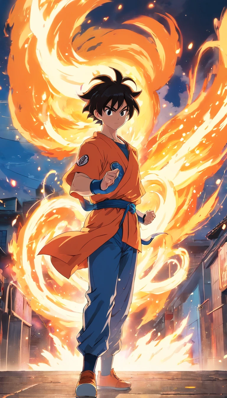 One guy，Dragon Ball painting style，Akira Toriyama painting style，fire force+vapour+Mist Goku, The top is broken, Saiyans full of blazing flames and pyrotechnic skills，actionpose，full bodyesbian，（火焰：0.7），Proficient special effects processing，High detail