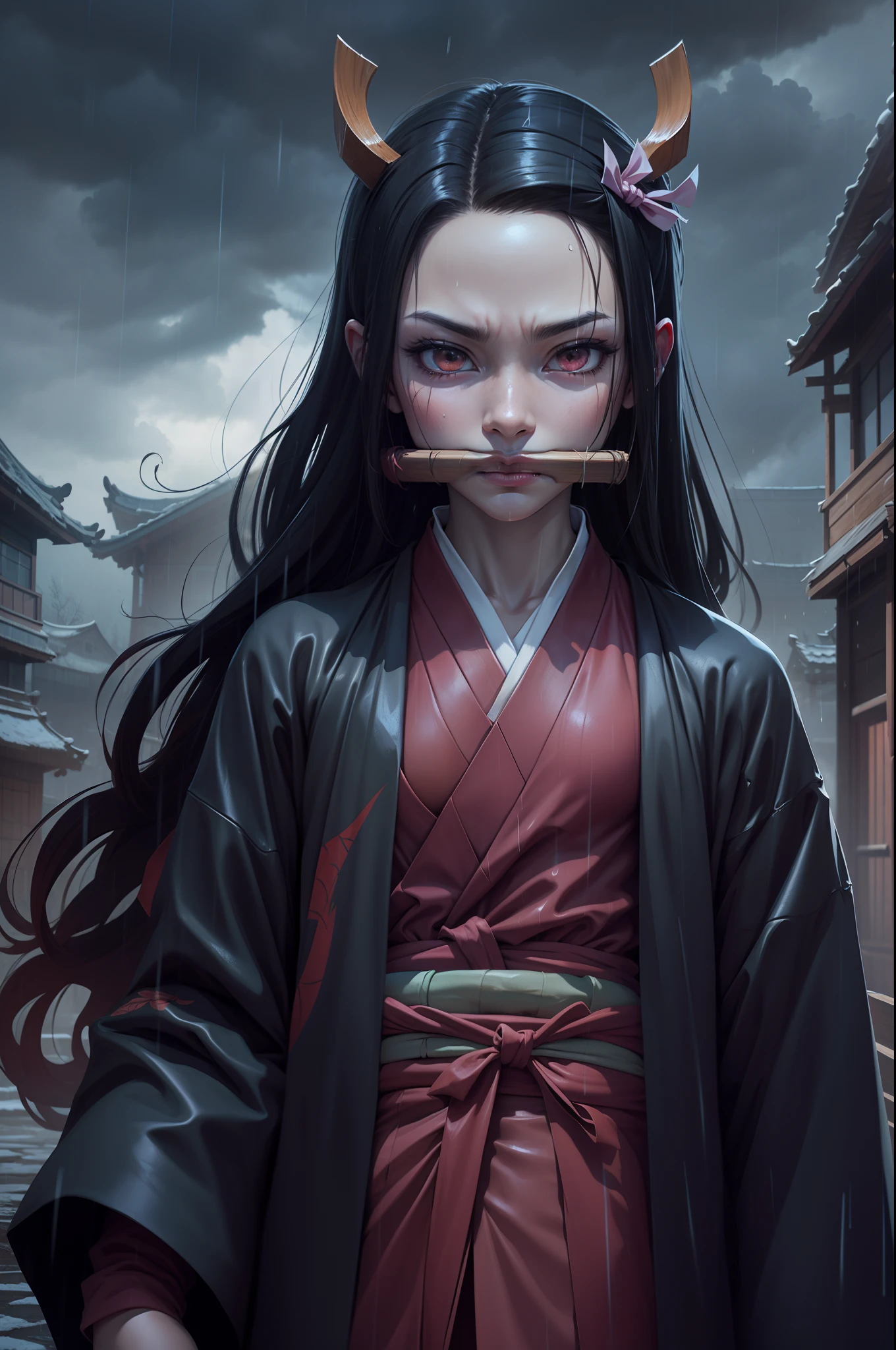 Demon Nezuko with bamboo in mouth from demon slayer anime standing still, background is made of broken ninja houses in rain