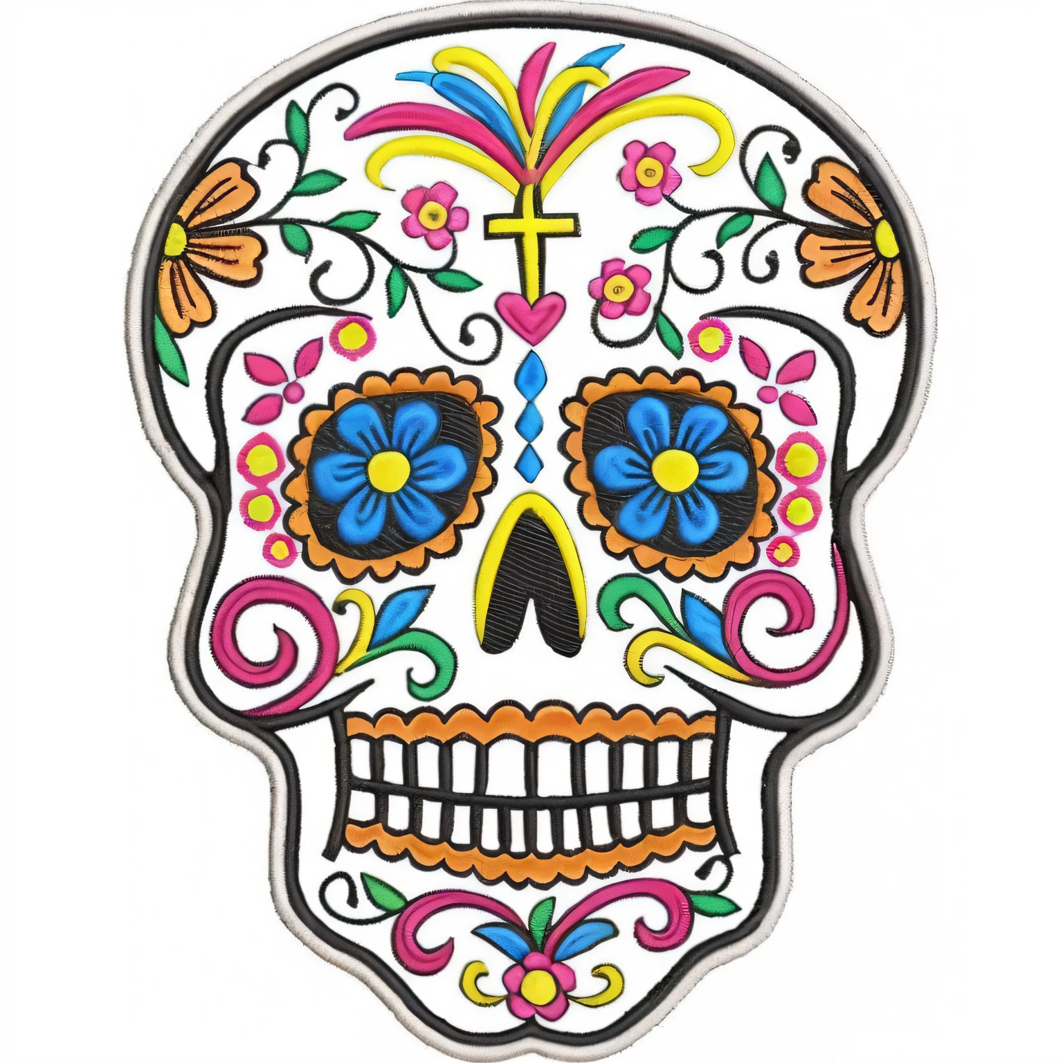 a white sugar skull with colorful flowers and a cross on it, sugar skull, skull, Dia dos Mortos, Dia de todos os mortos, Dia de Finados:, ( ( Dia de Finados: ) ), ( Dia de Finados: ), (Dia de Finados:), Dia de Finados:, sacred skull, O Dia dos Mortos