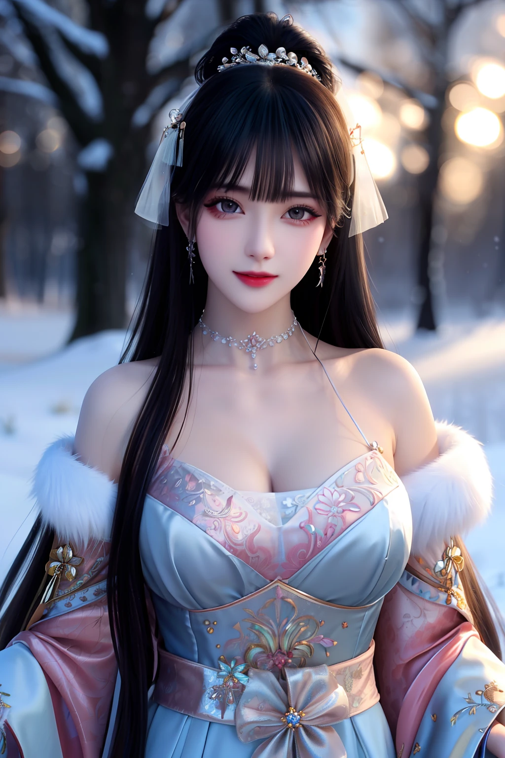 (masterpiece、Highest quality、Highest quality、Official Art、Beautiful and beautiful:1.2)、(One personの大人の女性:1.3)、Twin tails、Braid、Moderate bust、Red Hair、freckles、Snow Scene、Snow powder、Smiling face close-up、Glossy Lips、Shining Eyes、The snow queen、Wedding dress、Cosplay、(Real、High resolution)、(One personの大人の女性)、The snow queen、Close-up eyes、Indian adult woman、(Highest quality)、(Tabletop)、(One personの大人の女性)、One person、Beautiful adult woman、Perfect Face、dream-like、Very detailed airbrush art((Surreal))、Volumetric Lighting、(Highest quality)、Super detailed、(Structure of movement:1.4)、Very complex and colorful details、(Bright lighting)、moving composition、Ray Tracing、The mirror reflects light、Shallow depth of field、Super detailed、Exposure Blending、Her eyes shine deeply pink、Snow falling in the background、