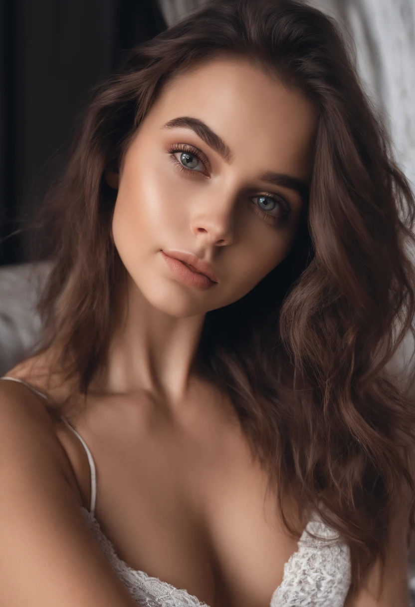 arafed woman topless, sexy girl with brown eyes, portrait sophie mudd, brown hair and large eyes, selfie of a young woman, bedroom eyes, violet myers, without makeup, natural makeup, looking directly at the camera, face with artgram, subtle makeup, stunning full body shot, in bedroom