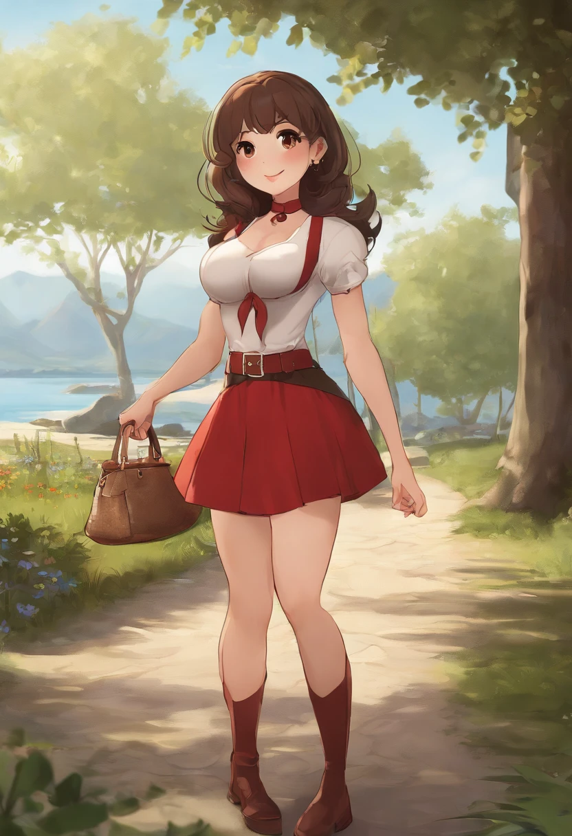 large breasted woman holding hands with a , outdoors, thighhighs, mole on breast, breasts, navel, walking,1 girl, boyish, Short hair, Brown hair, hair between eye, A big smile, Sareme, knee high, a miniskirt, Bikini bra, Navel dashi, pin heels, pubick hair, Huge breasts, large black areola, hair between eye, gargantilha, 1little girl, brown eyes, fishnet tights, Red Pin Heels, Red microskirt, Red tube top, looking at viewer, blush, bangs, boots