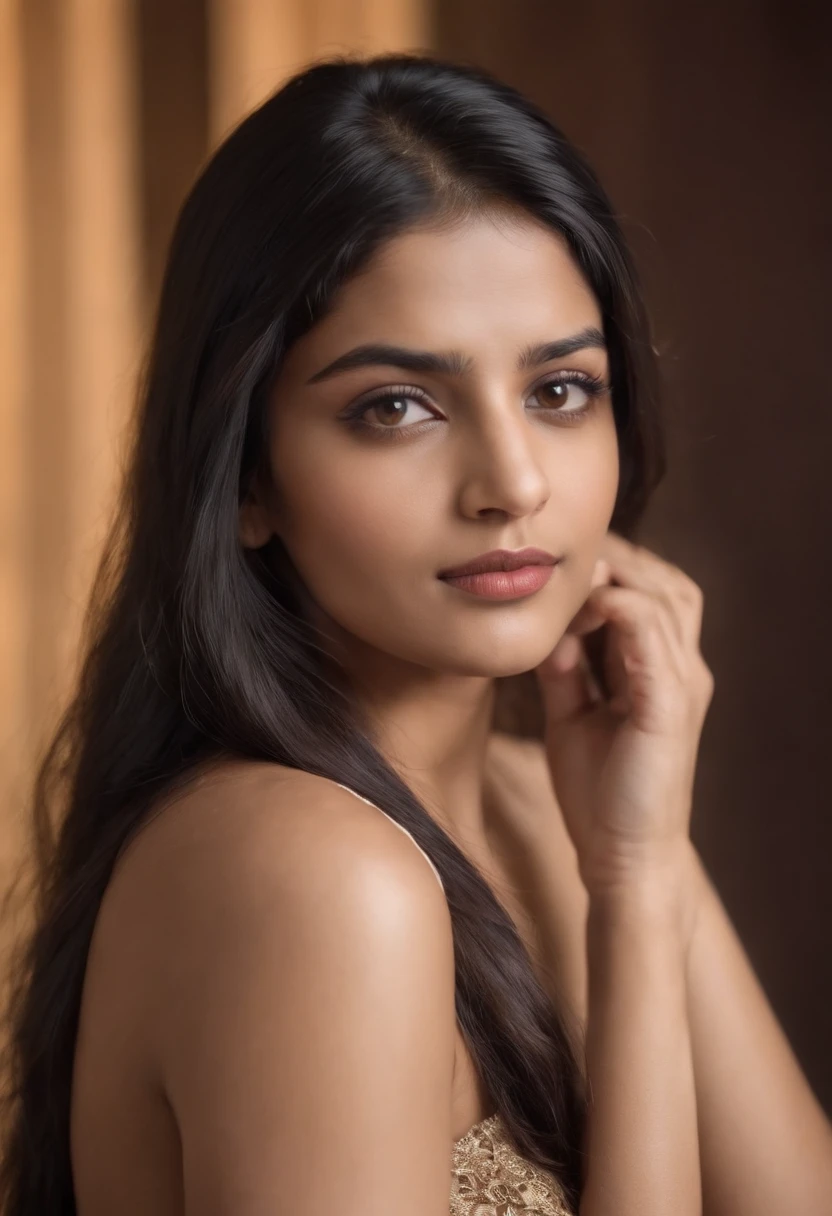 An Indian girl of age 21 having long black open hair and a brown eyes, nude