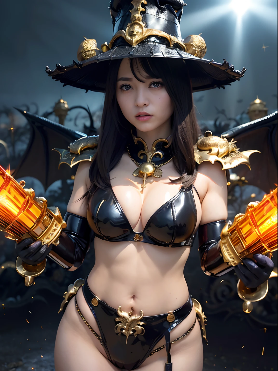 ((World of Darkness)),Professional , masterpiece、top-quality、photos realistic , depth of fields 、(((With a magic wand of gems))),(Dragon Black Metal Body:1.9),(latex black-blue、(cleavage of the breast)、(intense fighting),Dragon Gold Weapon、(((Particles of light))),(Micro Bikini Armor:1.7),Gorgeous gold weapons ,(Fight dragons)、Seductive look、,Blood on the face,Blood Rain,Blood fog、(blood splattere、((((With a shining magic wand))), ) , (((Wearing a black latex wizard hat))),(demonic wings) ,((a blond))、(Castle background)、((Gangle's forest background))、Beautiful Caucasian beauty、1a person、dynamic ungle,(((Detailed and ornate dragon wizard hat)))、Smaller head、A smile、Castle background、Thin and beautiful female hands、cleavage of the breast、Soldier in iron armor on background、Mystical expression、Light Effects、intense fighting、Wind-effect、magic circles、With the legendary magic wand、Dragon's tail、explosions、Toostock、Toostock、(a beauty girl),