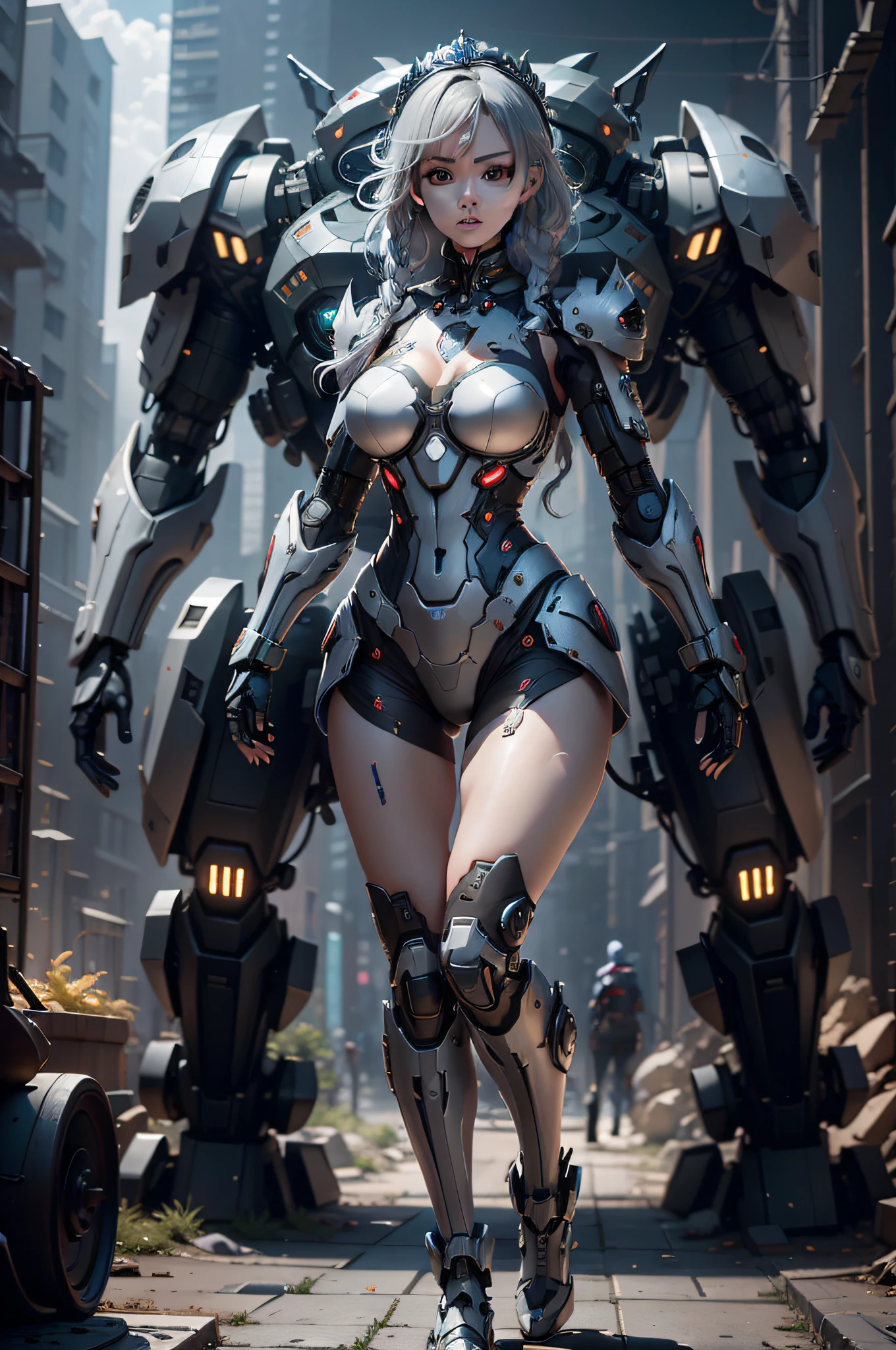(Best Quality)), ((masutepiece)), (Very detailed: 1.3), 。.。.3D, master chef-mecha, Beautiful cyberpunk woman wearing crown, with master chef style armor, sci-fi technology, nffsw (High dynamic range), Ray tracing, NVIDIA RTX, Super Resolution, Unreal 5, Subsurface scattering, PBR Texture, Post-processing, Anisotropy Filtering, depth of fields, Maximum sharpness and sharpness, multi-layer texture, specular and albedo mapping, Surface Shading, Accurate simulation of light-material interactions, Perfect proportions, Octane Rendering, Duotone lighting, Low ISO, red balance, thirds rule, Wide aperture, 8K Raw, high efficiency sub-pixel, Subpixel Convolution, light Particle, light scattering, Tindall Effect, so sexy, Full body, Battle Pose, silver hair with braids,
