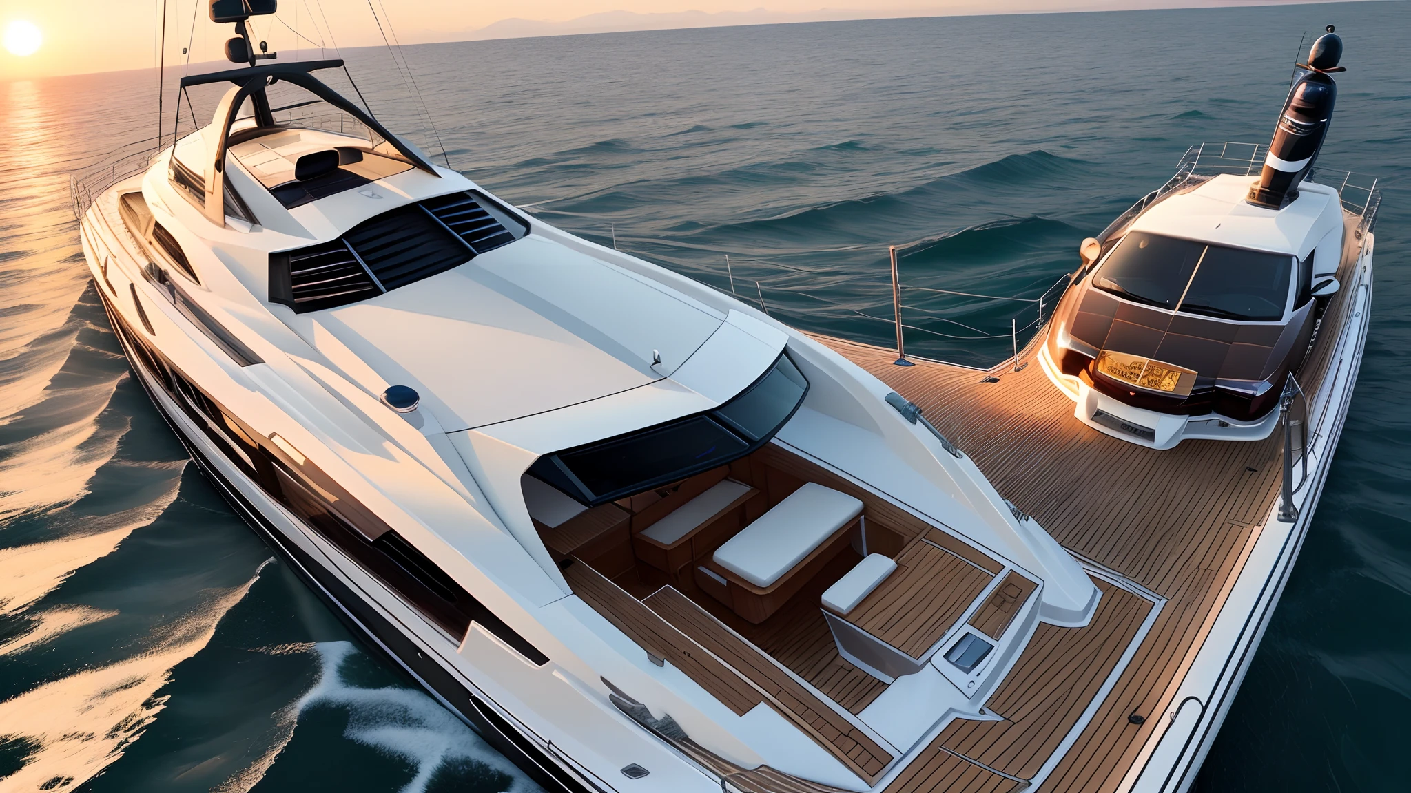Lamborghini Aventador on a yacht sailing during sunset