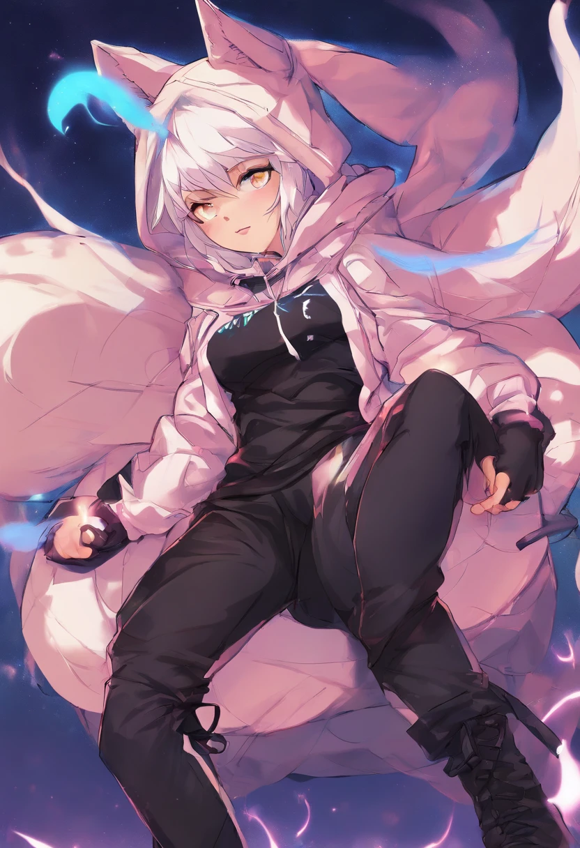 Single boy, Anime Femboy, Short, Long white hair, wolf ears, wolf tail, blue eyes, wearing jean short shorts, thigh high socks, black combat boots, wearing cropped black hoodie, flat chest, super flat chest, solo femboy, only one femboy ((FLAT CHEST)), wide hips, thicc thighs, happy, nice butt, lobo written on hoodie, laying on back with legs spread and up in the air, crotch bulge (CROTCH BULGE), suggestive pose