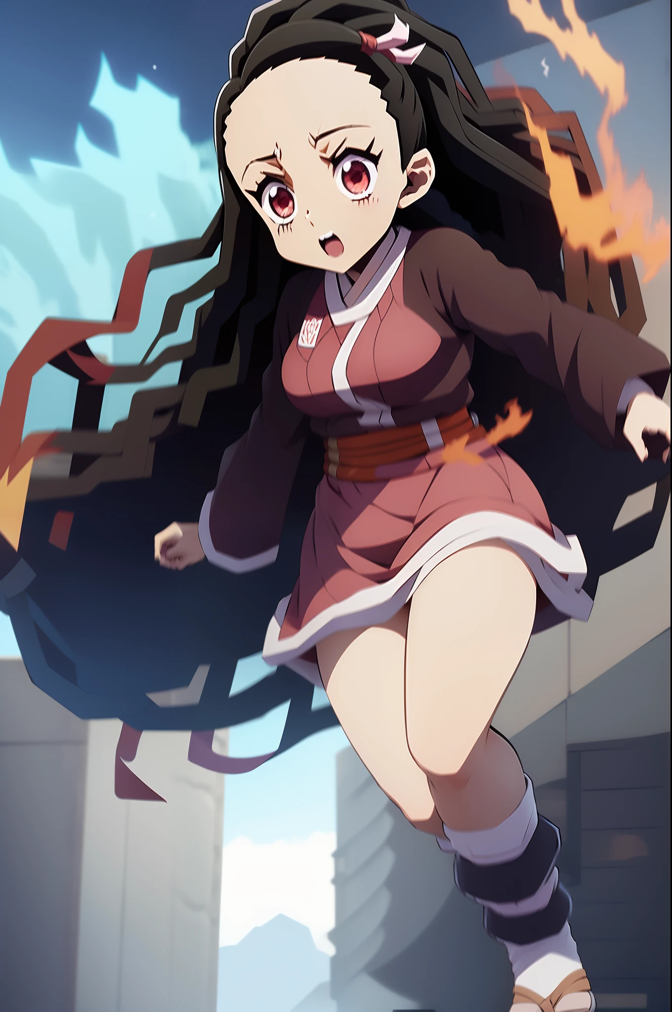 Nezuko from demon slayer anime, the fire beast is running around her