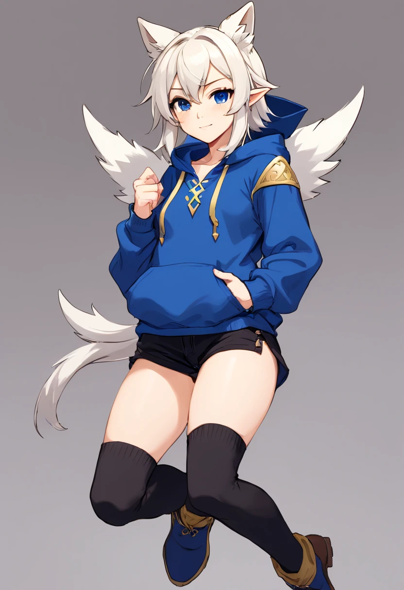 Single boy, Anime Femboy, Short, Long white hair, wolf ears, wolf tail, blue eyes, wearing jean short shorts, thigh high socks, black combat boots, wearing cropped black hoodie, flat chest, super flat chest, solo femboy, only one femboy ((FLAT CHEST)), wide hips, thicc thighs, happy, nice butt, lobo written on hoodie, laying on back with legs spread and up in the air, crotch bulge (CROTCH BULGE), suggestive pose