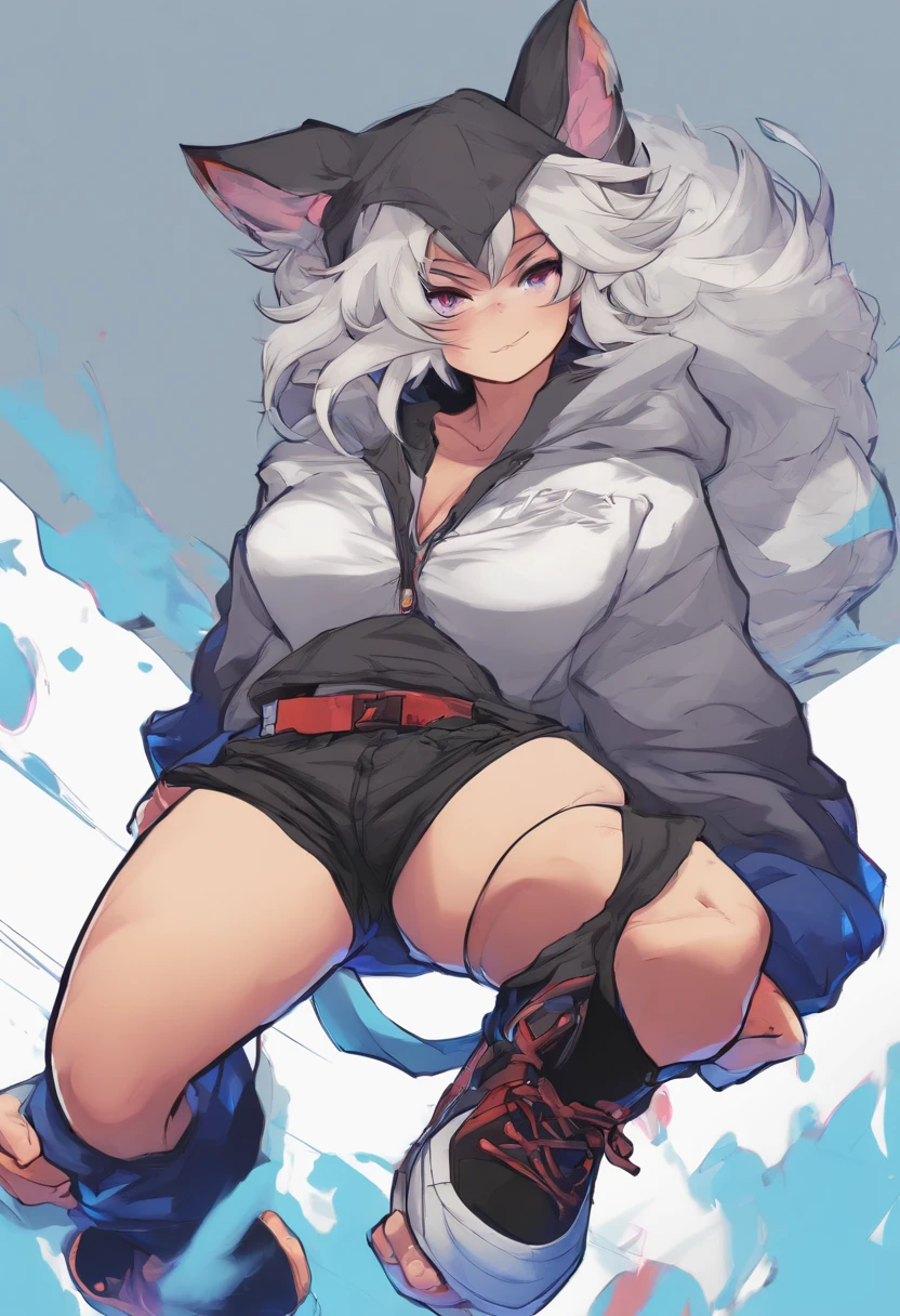 Single boy, Anime Femboy, Short, Long white hair, wolf ears, wolf tail, blue eyes, wearing jean short shorts, thigh high socks, black combat boots, wearing cropped black hoodie, flat chest, super flat chest, solo femboy, only one femboy ((FLAT CHEST)), wide hips, thicc thighs, happy, nice butt, lobo written on hoodie, laying on back with legs spread and up in the air, crotch bulge (CROTCH BULGE), suggestive pose