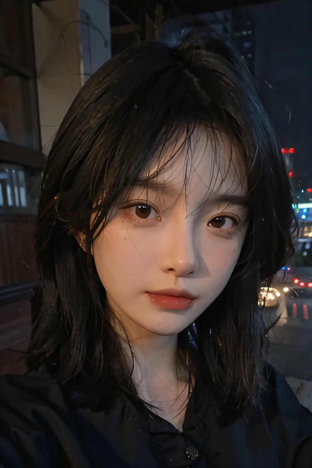 Tips: 8K, Best Quality, Masterpiece, Ultra High Resolution, (Realistic: 1.4), Original Photo, (Realistic Skin Texture: 1.3), (Film Grain: 1.3), (Selfie Angle), 1 Girl, (Beautiful Detailed Eyes and Face 1.3), Masterpiece, Best Quality, Close-up, Upper Body, (Black: 1.5), Nurse Uniform, Nurse Dress, Hospital, Ward,.