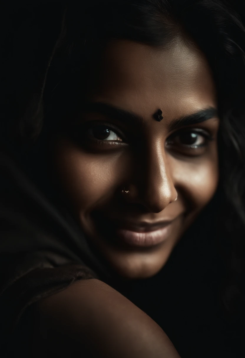 (close-up, editorial photograph of a 21 year old Indian woman), (highly detailed face:1.4) (smile:0.7) (background inside dark, moody, private study:1.3) POV, by lee jeffries, nikon d850, film stock photograph ,4 kodak portra 400 ,camera f1.6 lens ,rich colors ,hyper realistic ,lifelike texture, dramatic lighting , cinestill 800, nude