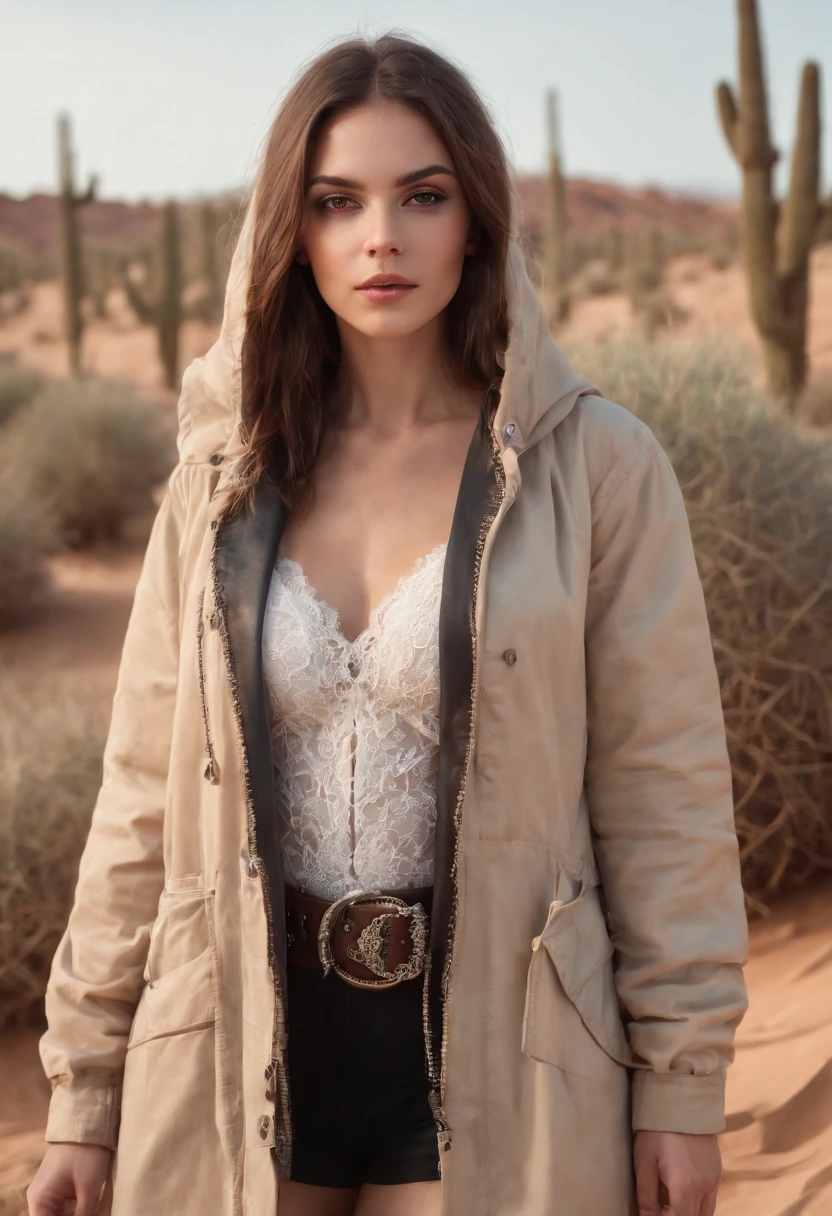 ((deserto, areia, Dunas, refractive effect, sol)), (master part, best quality), (1girl), (sozinho), ((retrato)), rosto perfeito, ((heterocromia, cabelos loiros e roxos, ((parka longa vermelha)), Unnecessary Gothic belts everywhere, pinta abaixo do olho)), The bottom is a beautiful desert with cactus, Tumbleweed, Cinematic light, dia ensolarado, dramatic lighting, ultra detalhe, 8k, Aquarela, delicada, delicado (Gothic lace, Gothic Roses, gothic aesthetic)