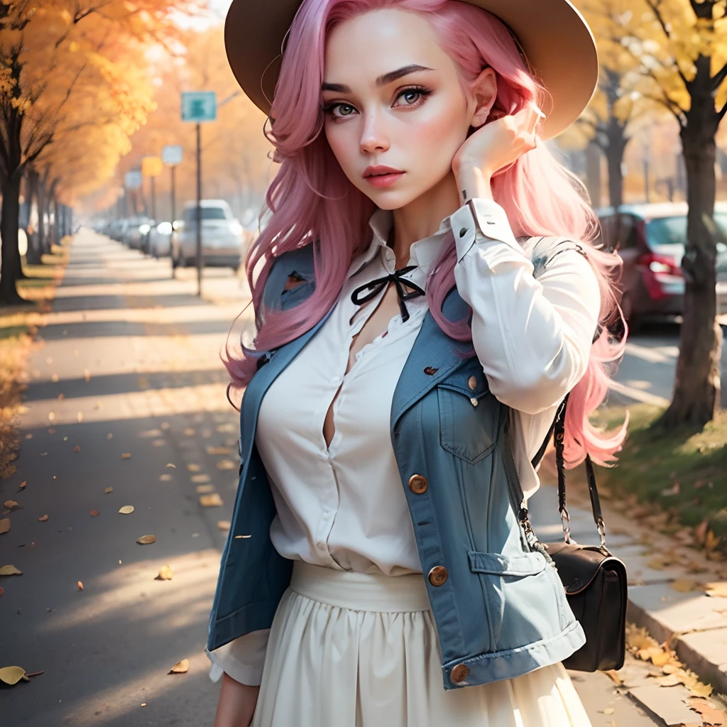 Girl, pink hair, blue eyes, white blouse, long skirt, vest, autumn, autumn vibe, comfort --auto --s2