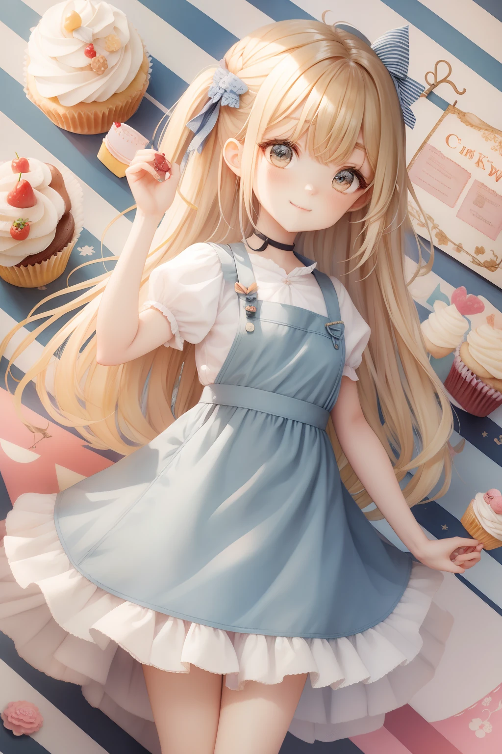 cartoon character in a drawing holding up a cupcake with a banner, 1girl, striped, food, dress, solo, vertical stripes, shoes, holding, apron, cupcake, long hair, blonde hair, mary janes, bloomers, bow, underwear, frills, blue dress, full body, black footwear, standing, kawaiitech, pastel colors, kawaii, cute colors