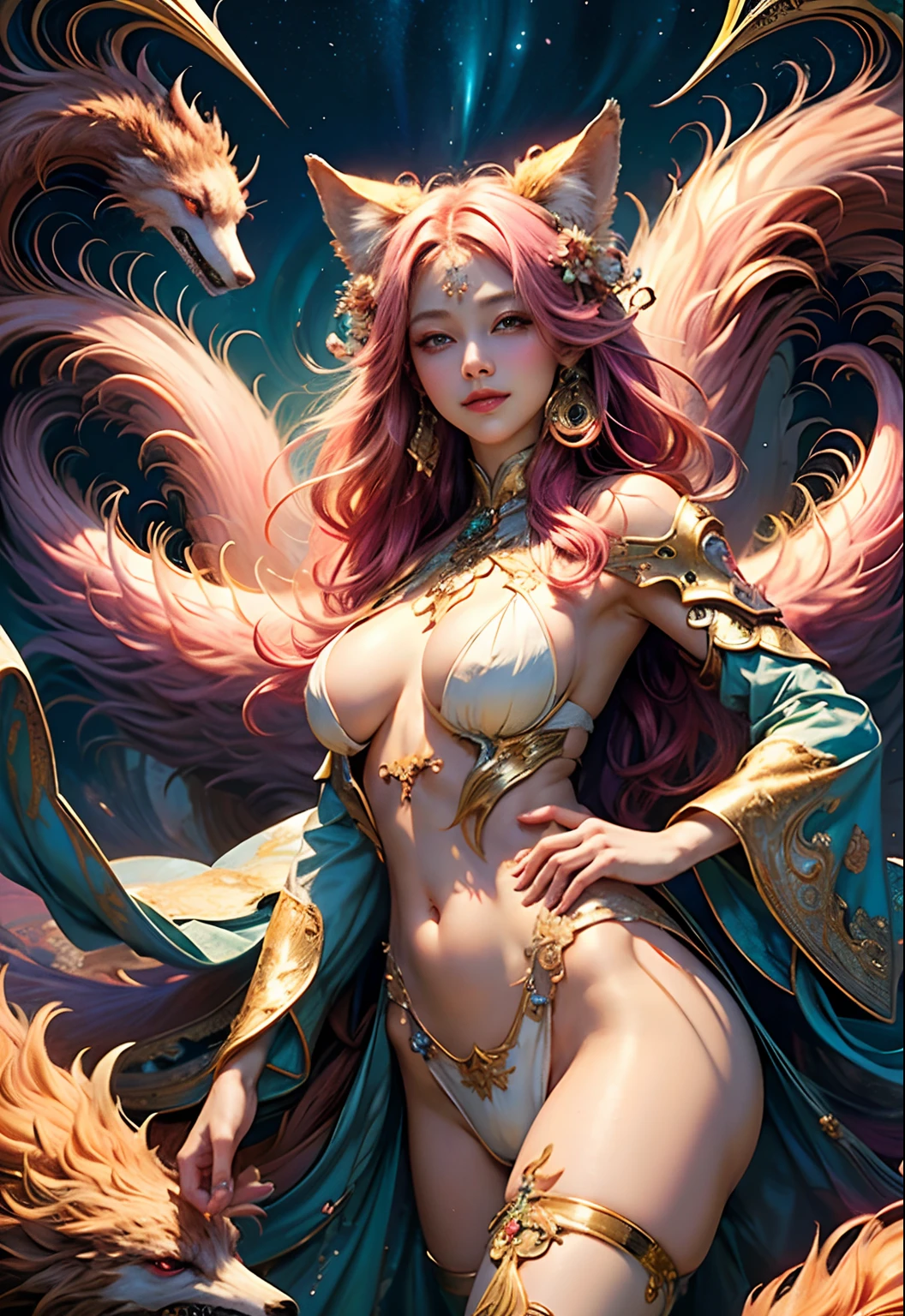 (masterpiece、top-quality、top-quality、Official art、Beautifully Aesthetic:1.2)、(1girl in)、ighly detailed、(Fractal Art:1.3)、colourfull、highestdetailed Soft smile breasts are large Soft expression A smile Bright pink ninetail foxes Breasts are big Background gold with light glowing