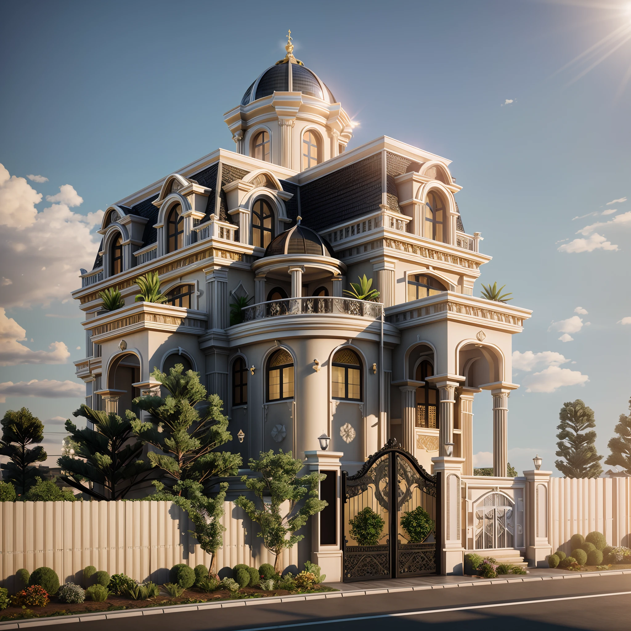 RAW photo, masterpiece, arafed house with a car parked in front of it, neo - classical style, rendered in lumion pro, classicism style, classicism artstyle, lumion render, rendered in lumion, architectural visualization, neoclassical style, in style of classicism, white light sun, rendered in vray, rendered in v-ray, rendered in unreal engine 3d, (photorealistic:1.2), best quality, ultra high res, exterior, architechture,modern house,(white wall:1.5), (detail gate black:1.4), (photorealistic:1.5), best quality, ultra high res, exterior,architechture,neoclassic house,(white wall:1.2), (detailed reliefs:1.2), (The front 1st floor has 4 windows), (the right side 1st floor has 4 windows), (the main side has three-step stairs), (the right side has three-step stairs) ,glass windows,,trees,traffic road, blue sky,in the style of realistic hyper-detailed rendering, luxury neoclassical villa, in the style of neoclassical scene, glass windows, (white navy roof:1.2), best quality, (straight strokedetail:1.1) roof top, (Intricate lines:1.5), ((Photorealism:1.5)),(((hyper detail:1.5))), archdaily, award winning design, (dynamic light:1.3), (night light:1.2), (perfect light:1.3), (shimering light :1.4),  refection glass windows, (curved line architecture arch:1.2), trees, beautiful sky, photorealistic, FKAA, TXAA, RTX, SSAO, Post Processing, Post-Production, CGI, VFX, SFX, Full color,((Unreal Engine 5)), Canon EOS R5 Camera + Lens RF 45MP full-frame CMOS sensor, HDR, Realistic,8k,((Unreal Engine 5)), Cinematic intricate detail, extreme detail, science, hyper-detail, FKAA, super detail, super realistic, crazy detail, intricate detail, nice color grading, reflected light on glass, eye-catching wall lights, unreal engine 5, octane render, cinematic, trending on artstation, High-fidelity, Viwvid, Crisp, Sharp, Bright, Stunning, ((Lifelike)), Natural, ((Eye-catching)), Illuminating, Flawless, High-quality,Sharp edge rendering, medium soft lighting, photographic render, detailed archviz