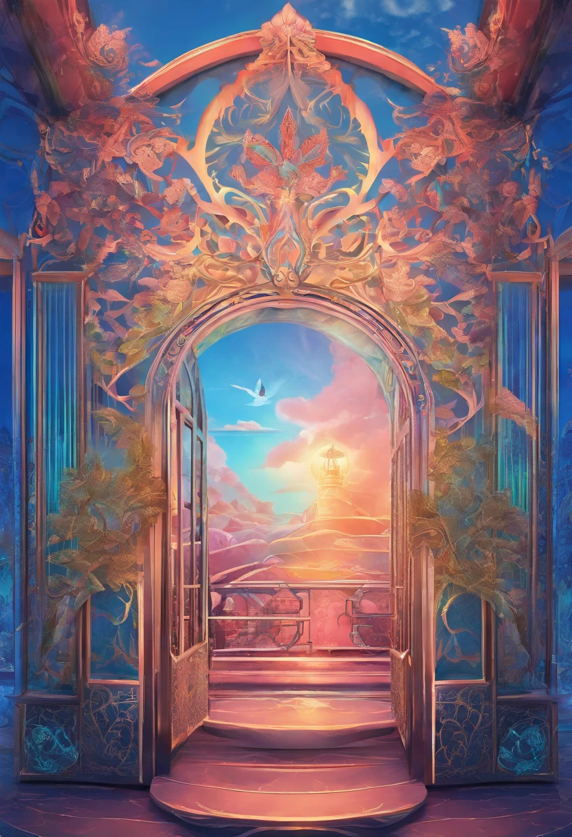 Virtual Scene Design, Coral Art Installation on Blue Sea, galvanized fiberglass with rainbow gradation, Surreal visual representation, majestic architecture, Unique, Convoluted, exquisitedetails,（blender, OC rendering, Natural light, Ray tracing, 8K）,The Glory of God,The Glory of God