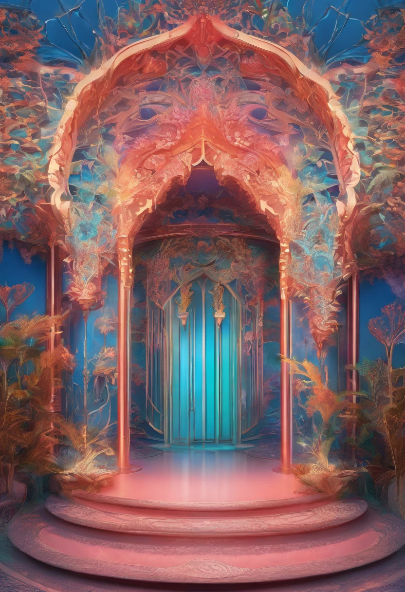Virtual Scene Design, Coral Art Installation on Blue Sea, galvanized fiberglass with rainbow gradation, Surreal visual representation, majestic architecture, Unique, Convoluted, exquisitedetails,(blender, OC rendering, Natural light, Ray tracing, 8K),The Glory of God,The Glory of God