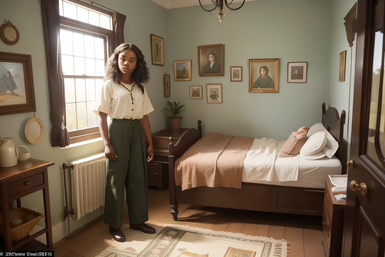 pre-raphaelite scene where a 17-year-old black-mixed girl explores her mother's tiny childhood bedroom in a 1880s house, ((wearing 1910s shirt and trousers))