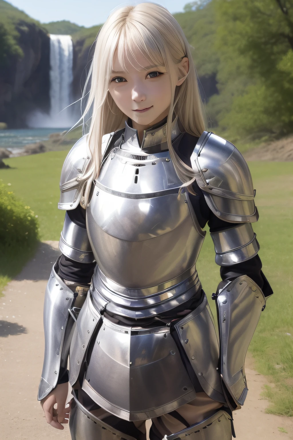 best qualtiy、masutepiece、超A high resolution、(Photorealistic:1.4) 、infp young woman、(modeled:1.2)、blonde  hair、Smaller head、a small face、long legged、(Ornately decorated full-body armor:1.3)、(Waist Armor:1.3)、(Falls Armor:1.9)、(Silver Crotch Protector:1.3)、Leg armor、(jewely:1.3)、(Full body:1.2)、Appearance without makeup、huge smile、(Small butt:0.7)、(the perfect body:1.7)、Western landscape、By Michelangelo