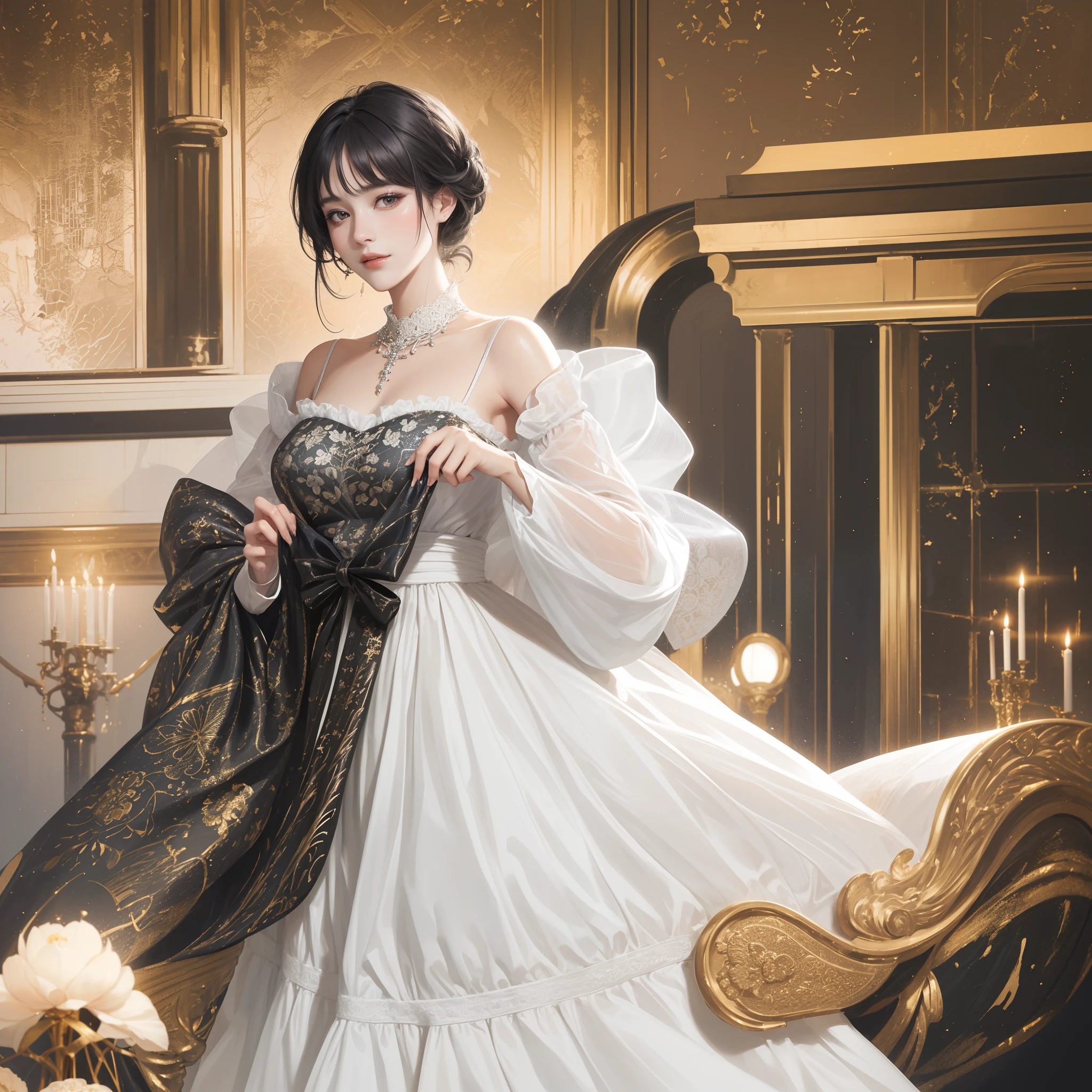 ((Best Quality))), (8K picture quality), ((masutepiece)), (Very sophisticated、Beautiful fece), (wearing dresses) , (1womanl), (Black Shorthair), Dress up, with floral pattern, Soft silk fabric, 电影灯光, Gentle expression, A slight smil, full length, Luxurious interior