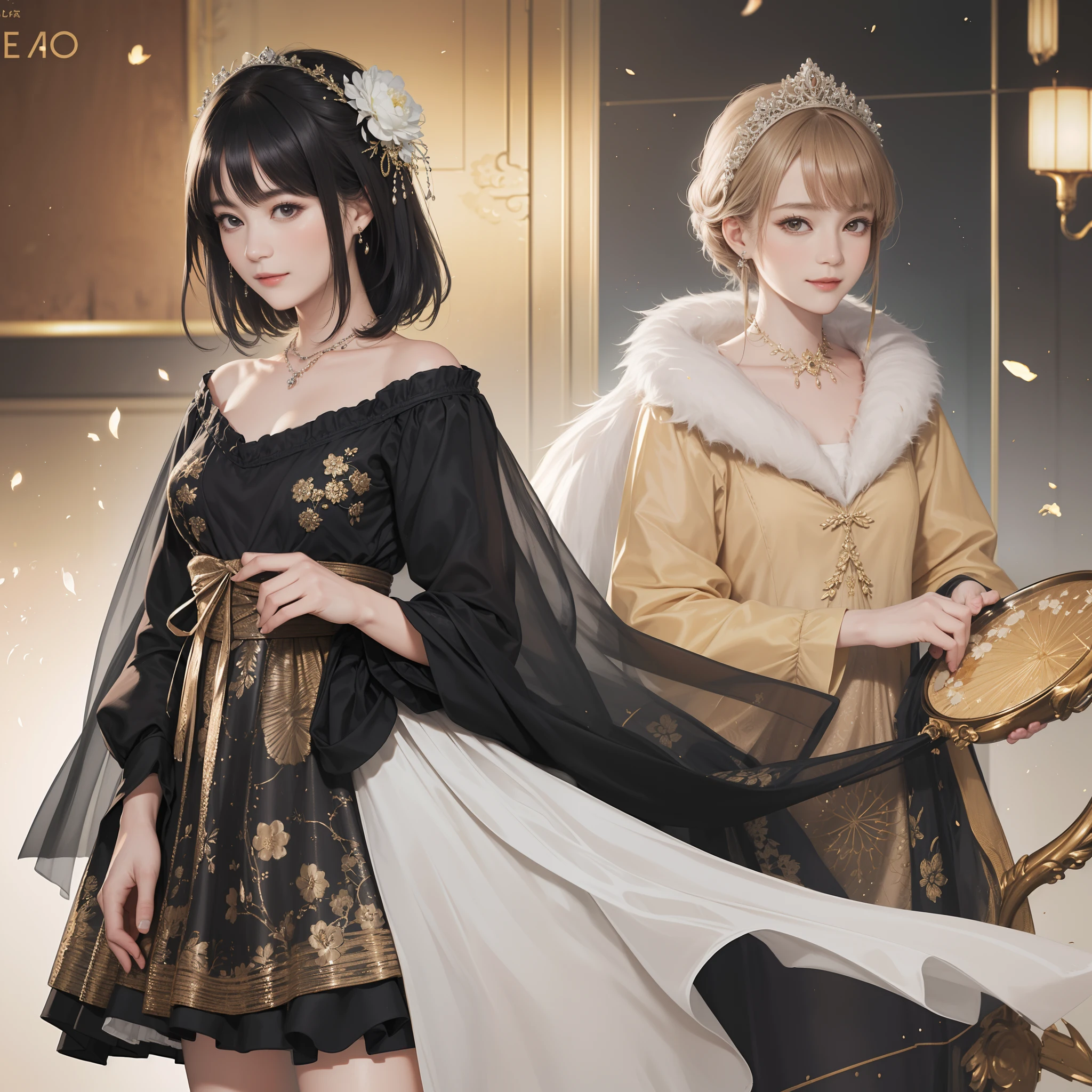 ((Best Quality))), (8K picture quality), ((masutepiece)), (Very sophisticated、Beautiful fece), (wearing dresses) , (1womanl), (Black Shorthair), Dress up, with floral pattern, Soft silk fabric, 电影灯光, Gentle expression, A slight smil, full length, Luxurious interior