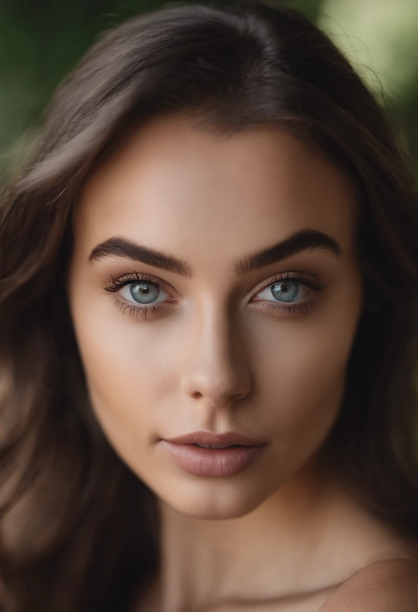 arafed woman topless, sexy girl with brown eyes, portrait sophie mudd, brown hair and large eyes, selfie of a young woman, bedroom eyes, violet myers, without makeup, natural makeup, looking directly at the camera, face with artgram, subtle makeup, stunning full body shot, in garden