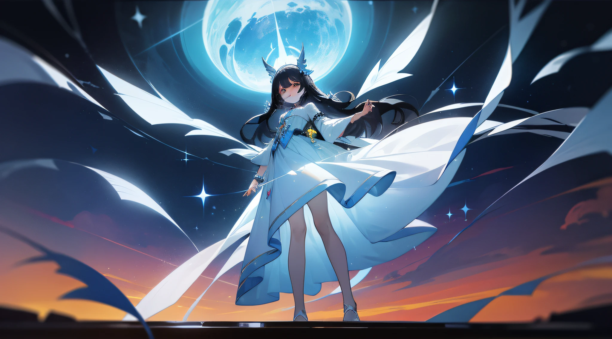 the night，Dark blue sky，White floral dress，Dignified，slim，standing on your feet，legs crossed, cabelos preto e longos， long hair and waist， Beautiful teenage girl， oh, god， Divinity， White headgear，Stand in the attic，Hairline，oblique bangs， shairband， hair adornments， forehead gem， Paulai Gem Branch， crescent-shaped hair ornament， Fish hair ornament， godrays， glitters， cinmatic lighting， lens glare， nffsw， high detal， high quarity， hight resolution， best qualtiy， 8K， 16 K， high detal， high quarity， super detailing， anatomy correct， tmasterpiece，((Full body)), ((From below))