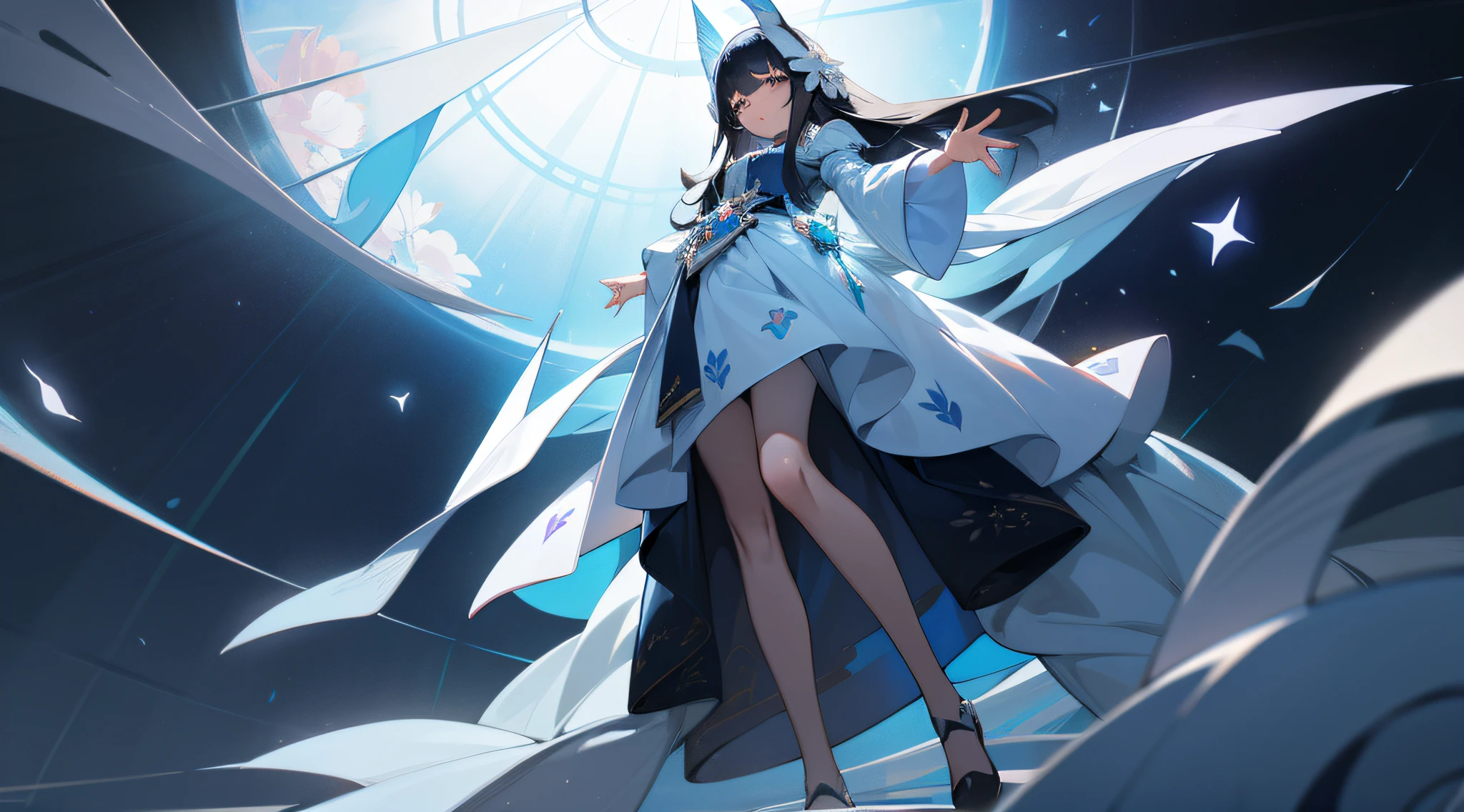 the night,Dark blue sky,White floral dress,Dignified,slim,standing on your feet,legs crossed, cabelos preto e longos, long hair and waist, Beautiful age girl, oh, god, Divinity, White headgear,Stand in the attic,Hairline,oblique bangs, shairband, hair adornments, forehead gem, Paulai Gem Branch, crescent-shaped hair ornament, Fish hair ornament, godrays, glitters, cinmatic lighting, lens glare, nffsw, high detal, high quarity, hight resolution, best qualtiy, 8K, 16 K, high detal, high quarity, super detailing, anatomy correct, tmasterpiece,((Full body)), ((From below))