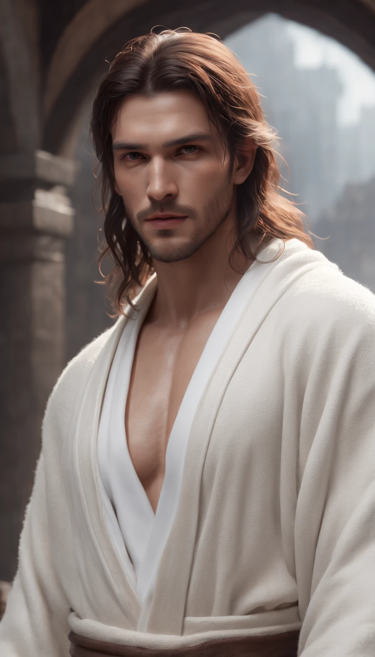 (professional 3d render:1.3) af (Realistic:1.3) The most beautiful artistic photo in the world，Soft function, Bright male hero, ((Epic male Israeli hero fantasy rough muscular man wet hero angry look long hair, short beard and fierce expression in dynamic pose, brown tanned skin, Fantastic location, Majestic and cluttered environment)), Full body 8K unit rendering, action  shot, skin pore, very dark lighting, heavy shading, A detailed, Detal Face, (vibration, Realistic photography, Realistic, Dramatic, darkly, foco nítido, 8K), Brown hood, Chest hair, (White wool robe damaged by dessert:1.4), ((((Use skins)))), (复杂:1.4), decadent, (highly  detailed:1.4), digitial painting, rendering by octane, art  stations, concept-art, Liso, foco nítido, illustration, From the germ of art, (loish:0.23), wlop ilya kuvshinov, e Greg Rutkowski e Alphonse Mucha Gracias, (global ilumination, studiolight, Light volume), very heavy rain, Floating particles, lotr, fanciful, biz, Inteiroesbian body, ((Dark and ancient city background:1.3)),CGSesocieda,art  stations
