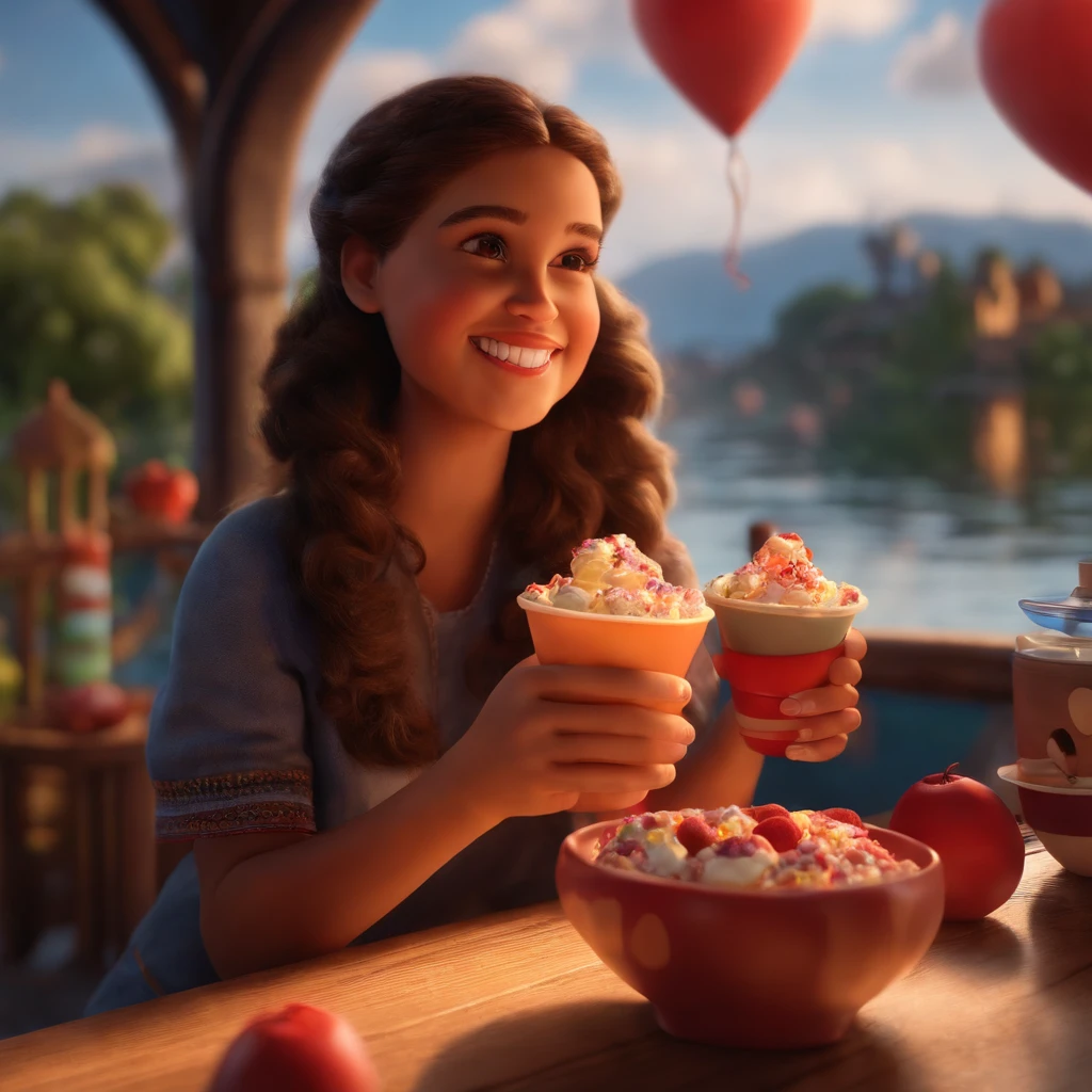 fofo, 可爱, menina sorridente comendo sorvete, doces voando ao seu redor, Pixar, Disney, Cinema lighting, jogos, 8k, Magic, amor
