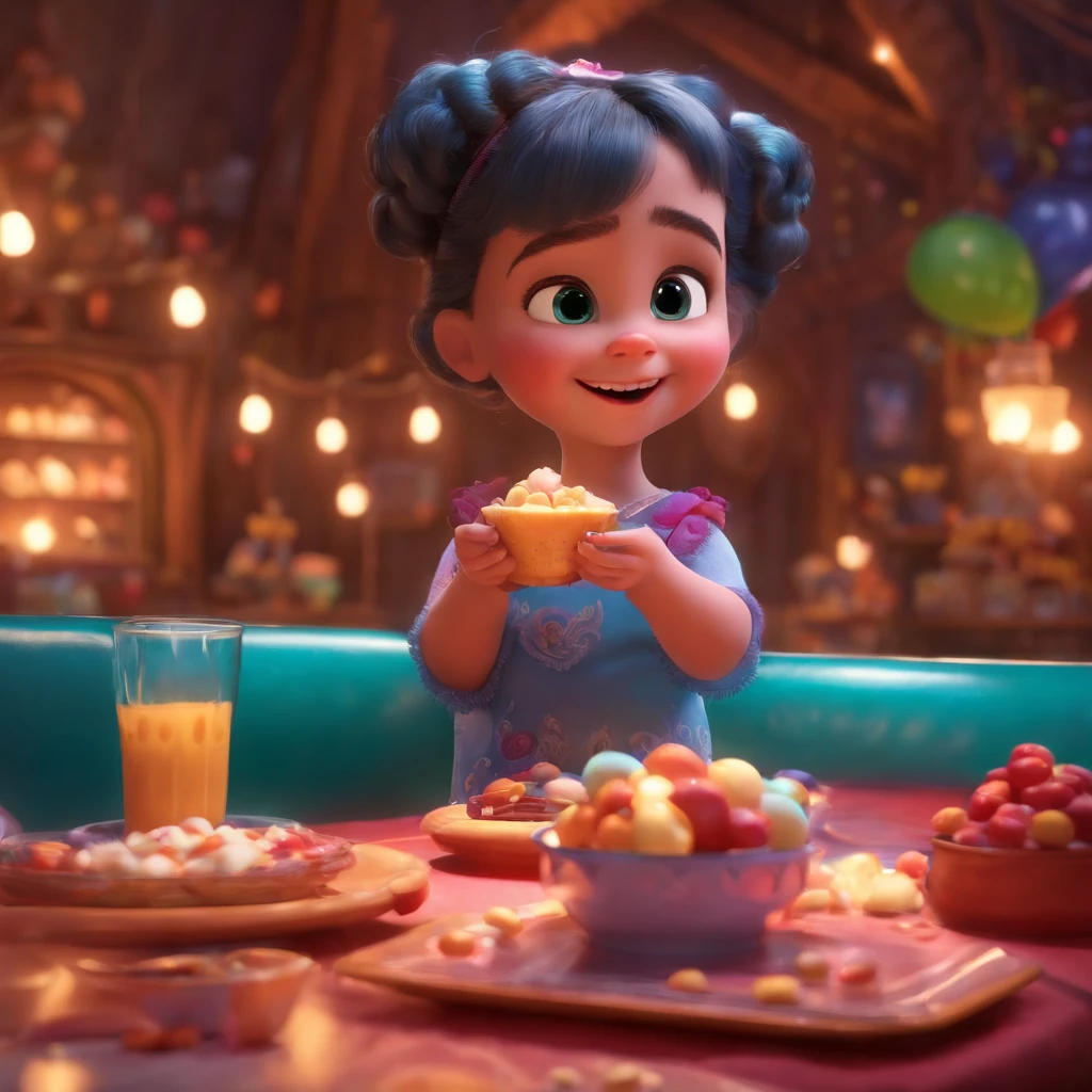 fofo, 可爱, menina sorridente comendo sorvete, doces voando ao seu redor, Pixar, Disney, Cinema lighting, jogos, 8k, Magic, amor