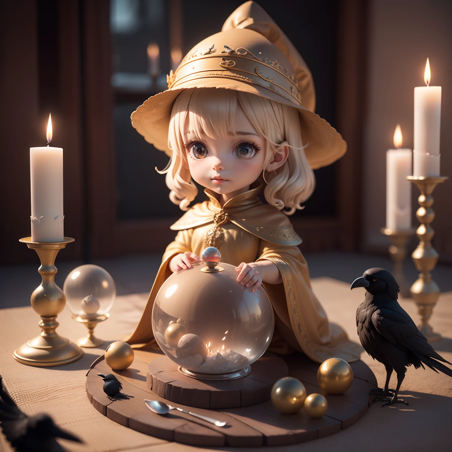 Cute Baby Chibi Anime、(((Chibi 3D))) (Best Quality), (masutepiece)、Old witch sitting on Kadilau's chair in the background ，(She was holding Soniste's crow:1.3)。 On the table in front of her is、The crystal ball was transparent， There is a mysterious fantasy world in the crystal ball，Several candles were lit next to it ，A sideways glance at the camera，Be thoughtful，Pack in sheets，hermit，Marble statue of，Deep octane rendering,Candlelight lighting、barroco、European，Anatomically correct，super detailed