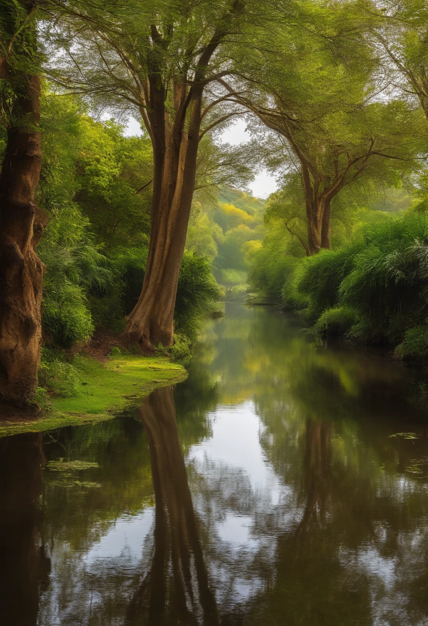 Trees and shrubs are reflected in the canal water, Salgueiros chorando, atmosfera tranquila e serena, Uma casa no estilo estilo japosa, no alto de uma montanha com um caminho de padras para chegar em um rio exuberante.